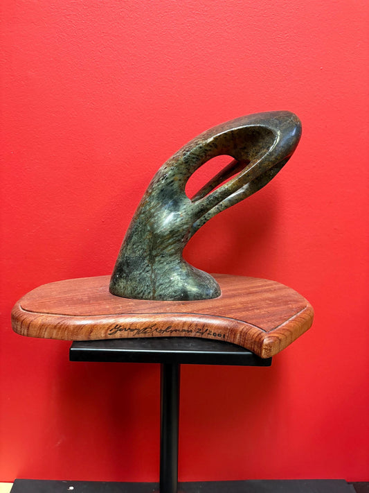 Stunning signed Inuit soapstone phallic statue on wood base    12 x 9 high and truly a wonderful piece of art