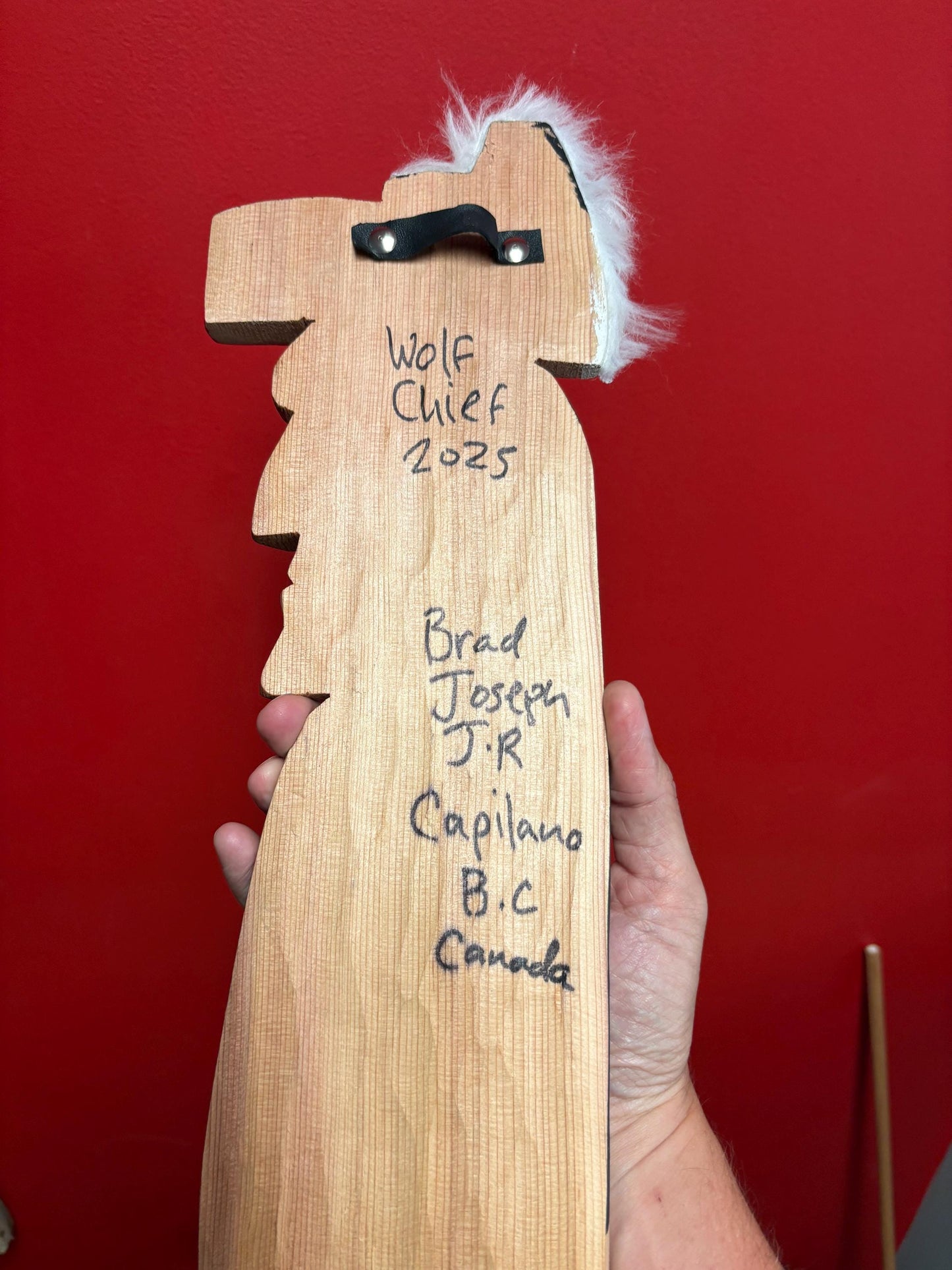 Indigenous First Nations pacific West Coast Bradley Joseph Jr  Wolf chief cedar plaque  24 x 6 inches - great colour and detail -