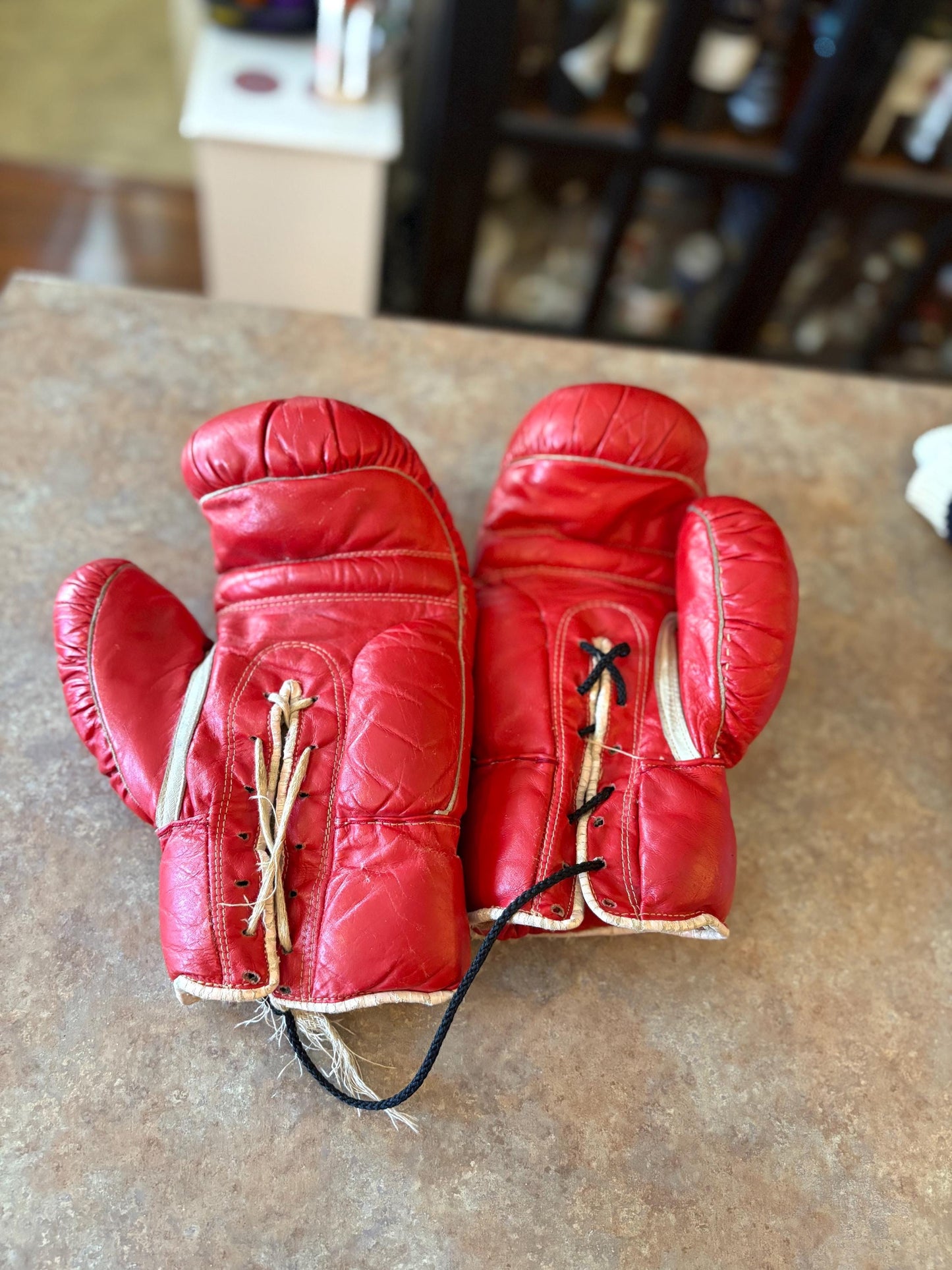 Cool vintage 12 ounce leather boxing gloves   use or display good condition and great gift - 11 inches long