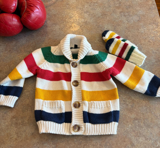 Beautiful HBC Hudson Bay Company like brand new 12 to 18 month old knitted cotton mittens and sweater jacket   adorable  hard to find
