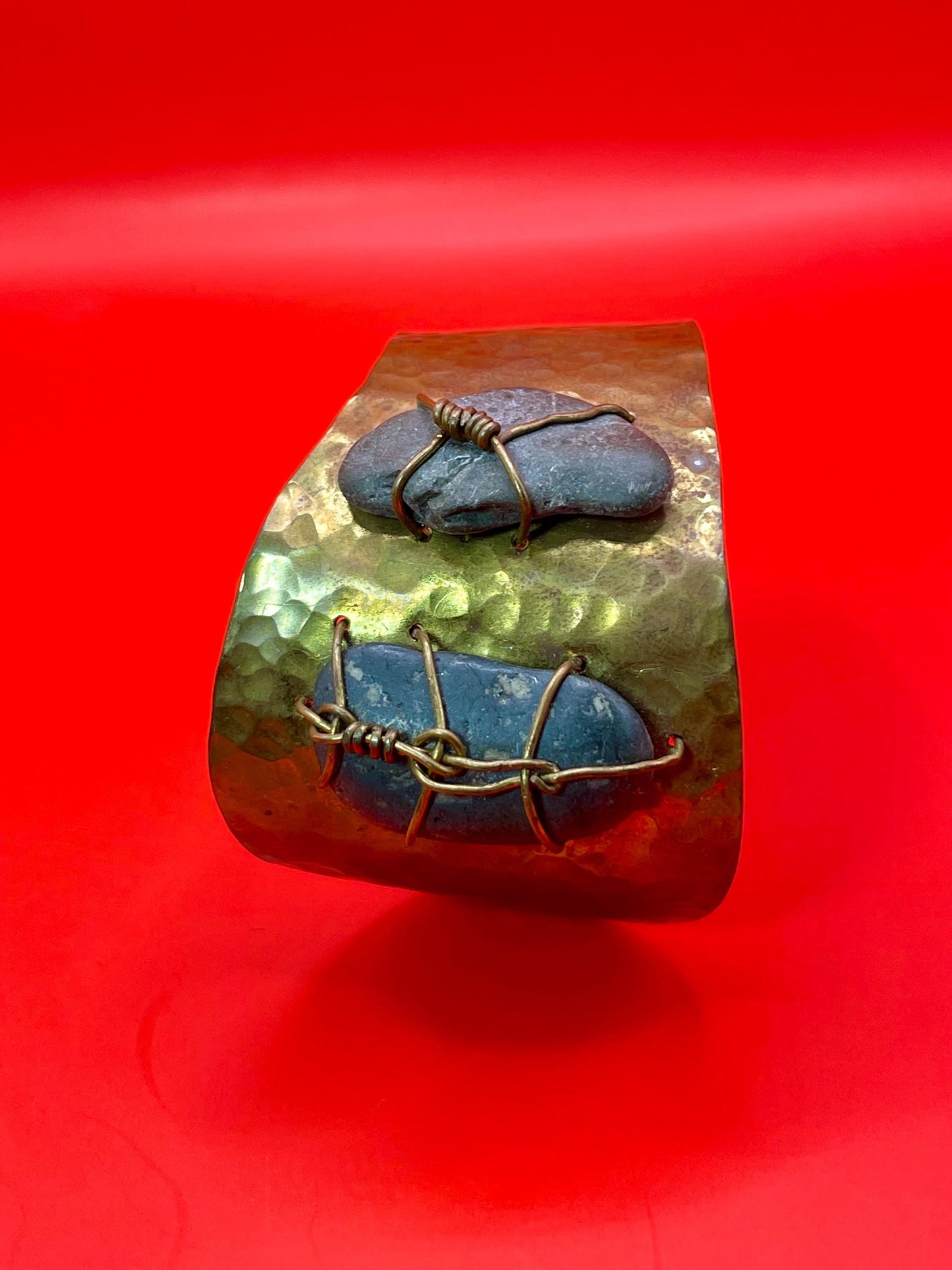 Rustic Hammered Cuff with Stone Wrap