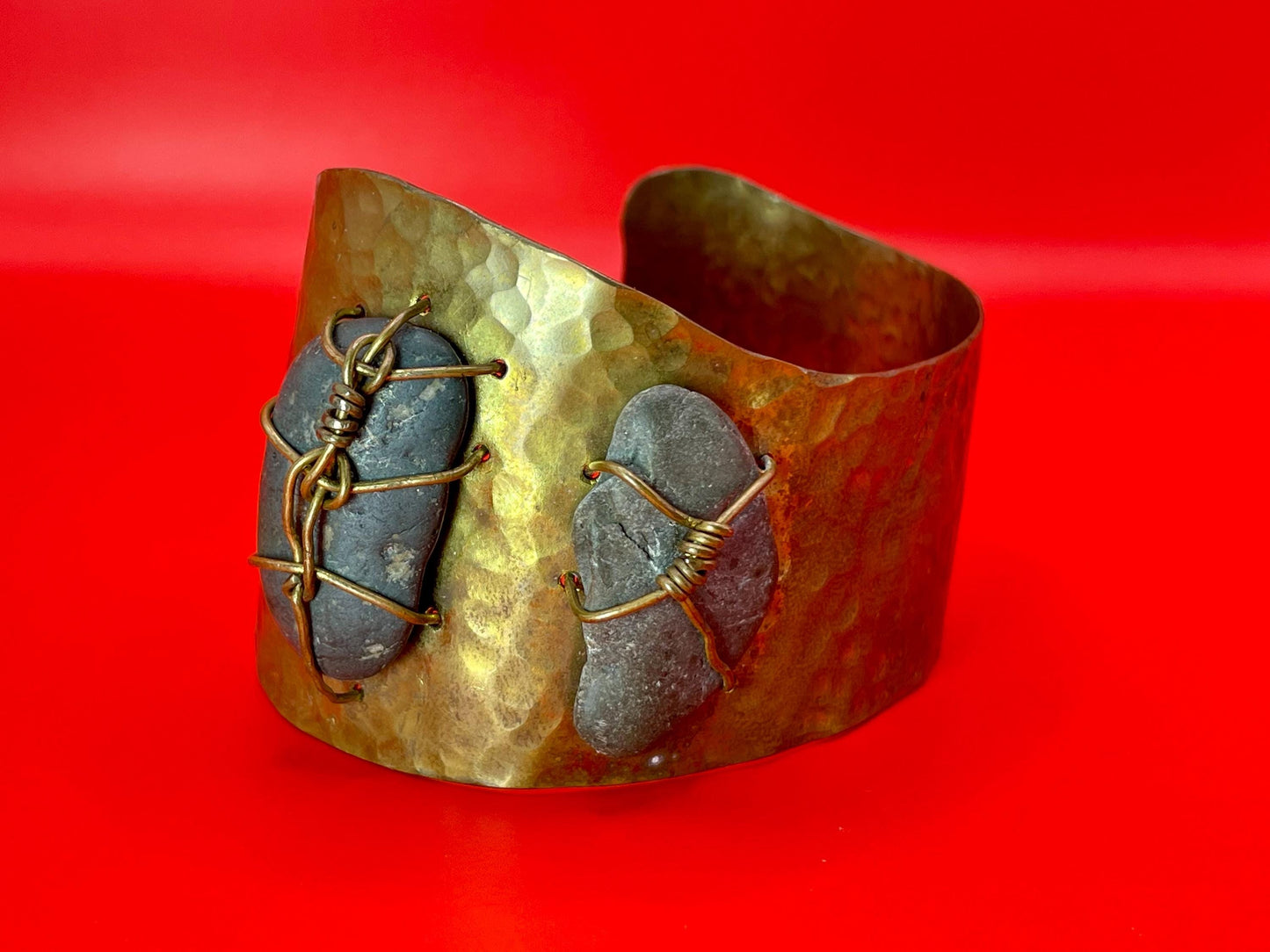 Rustic Hammered Cuff with Stone Wrap