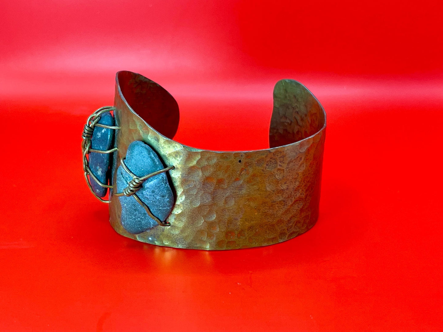 Rustic Hammered Cuff with Stone Wrap