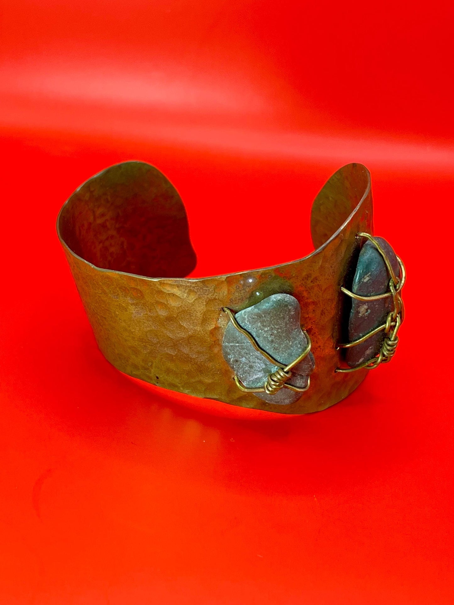 Rustic Hammered Cuff with Stone Wrap