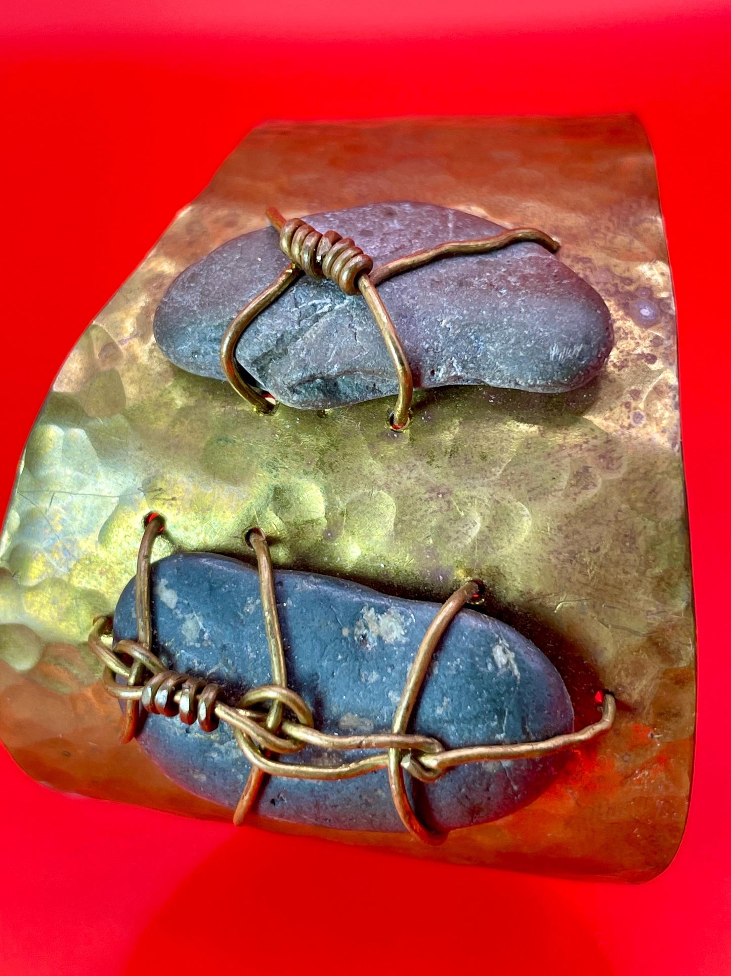 Rustic Hammered Cuff with Stone Wrap