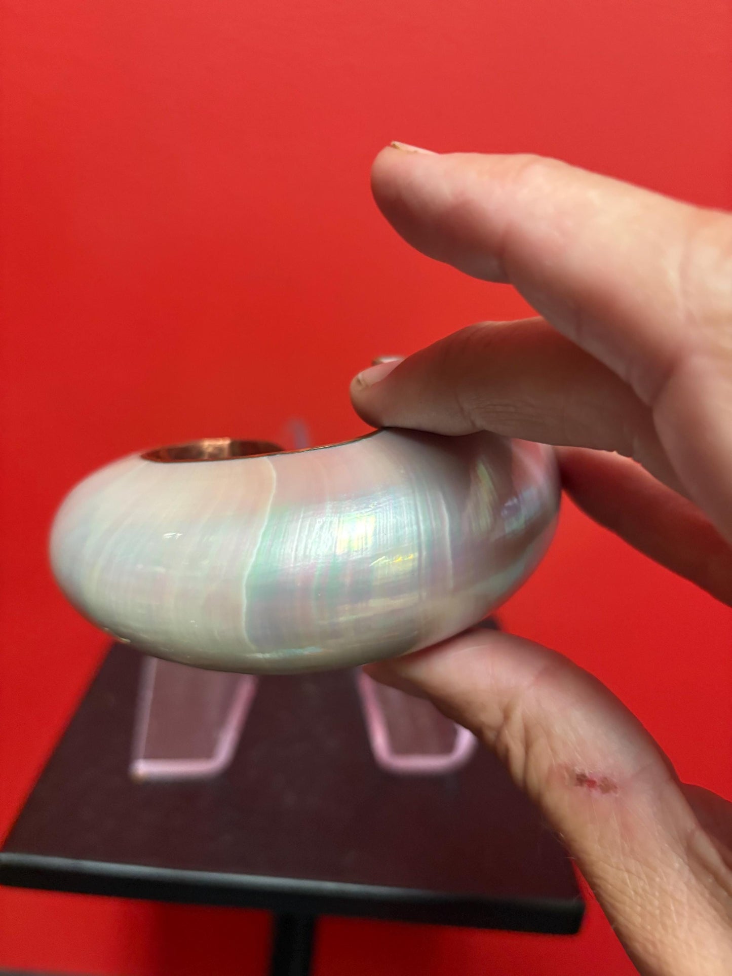 Stunning Canadian indigenous copper and abalone bracelet bangle  2 inches inside and 4 inches outside  so unique