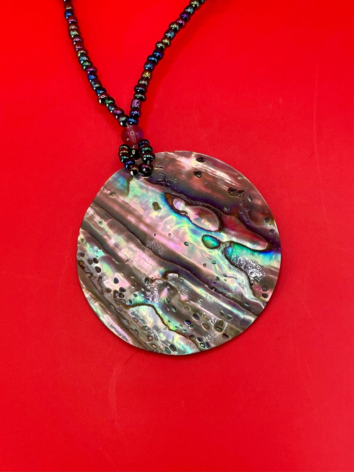 Abalone Pendant Necklace with Beaded chain  20 Chain, 1.5 Pendant