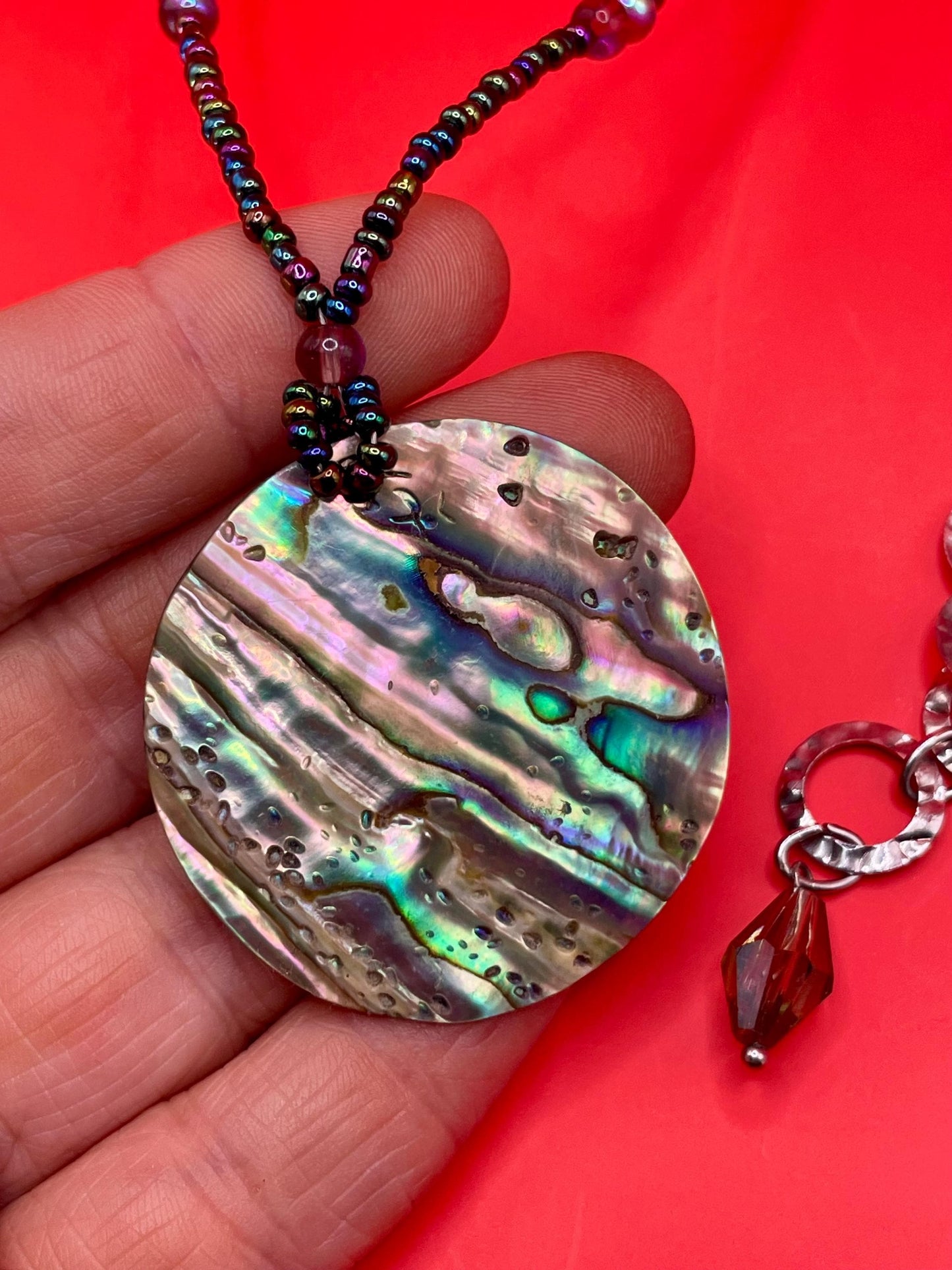 Abalone Pendant Necklace with Beaded chain  20 Chain, 1.5 Pendant