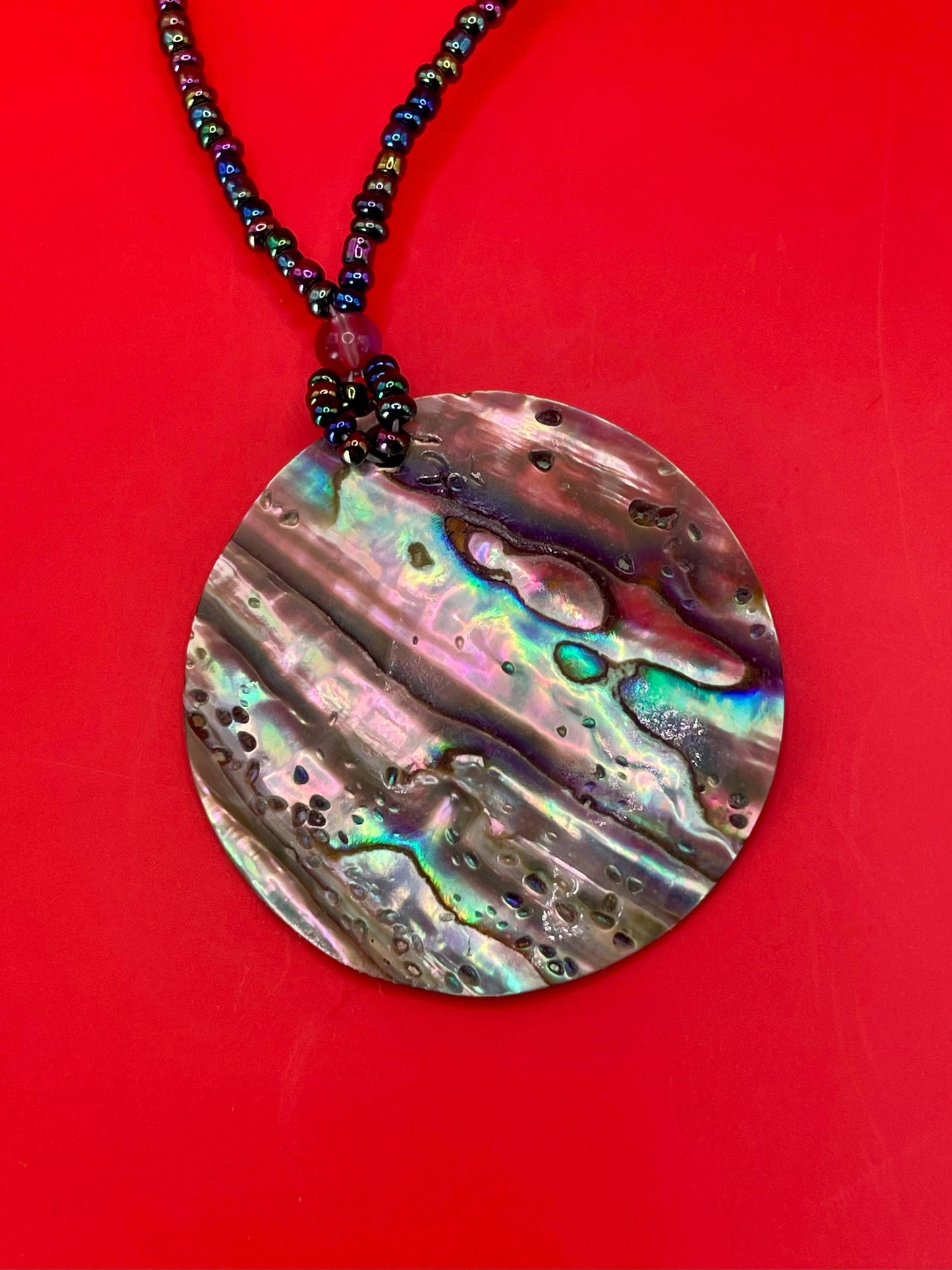 Abalone Pendant Necklace with Beaded chain  20 Chain, 1.5 Pendant