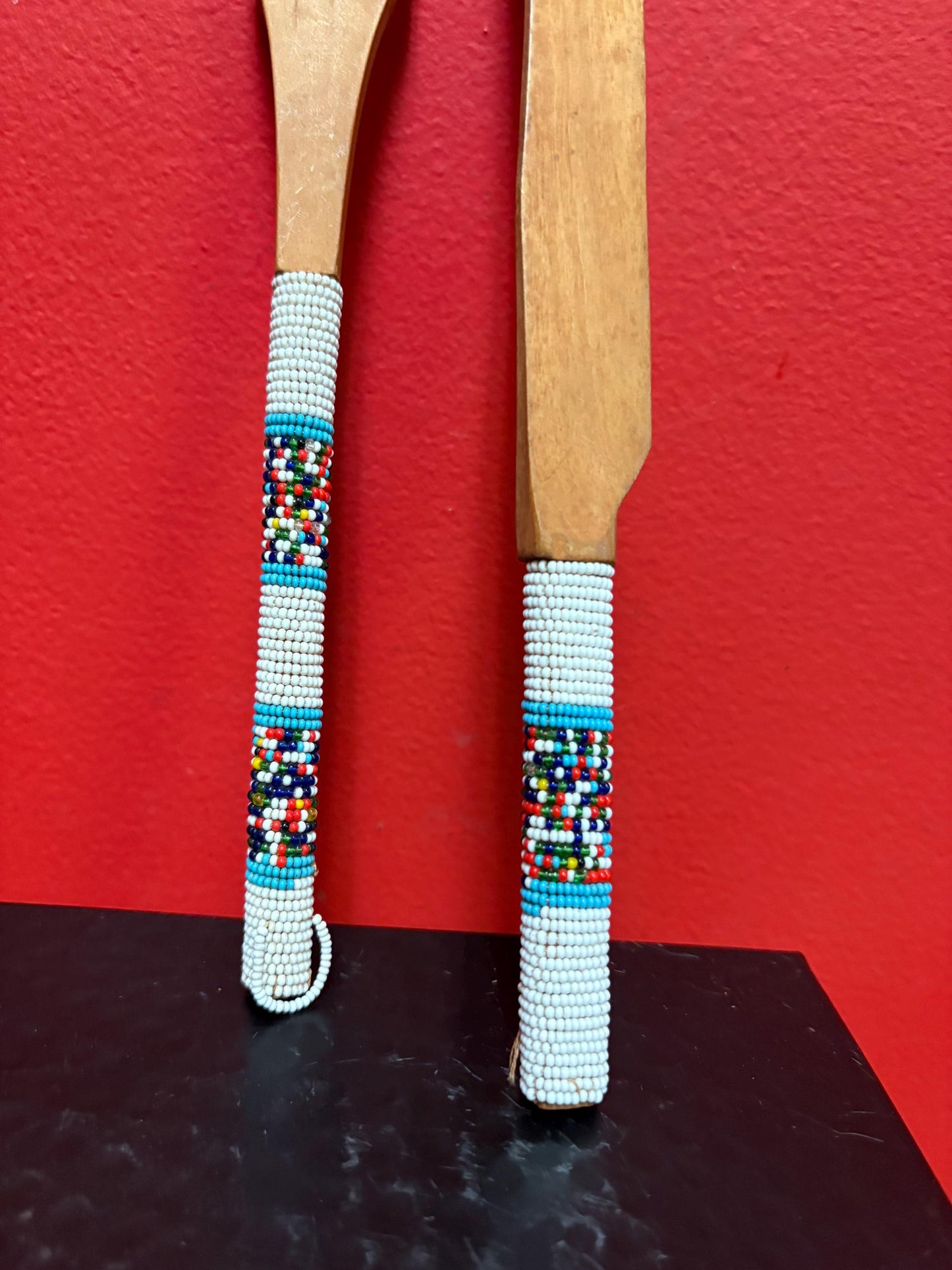 Indigenous First Nations wood and beaded  fork and knife   10 and 11 inches long  very cool  great condition