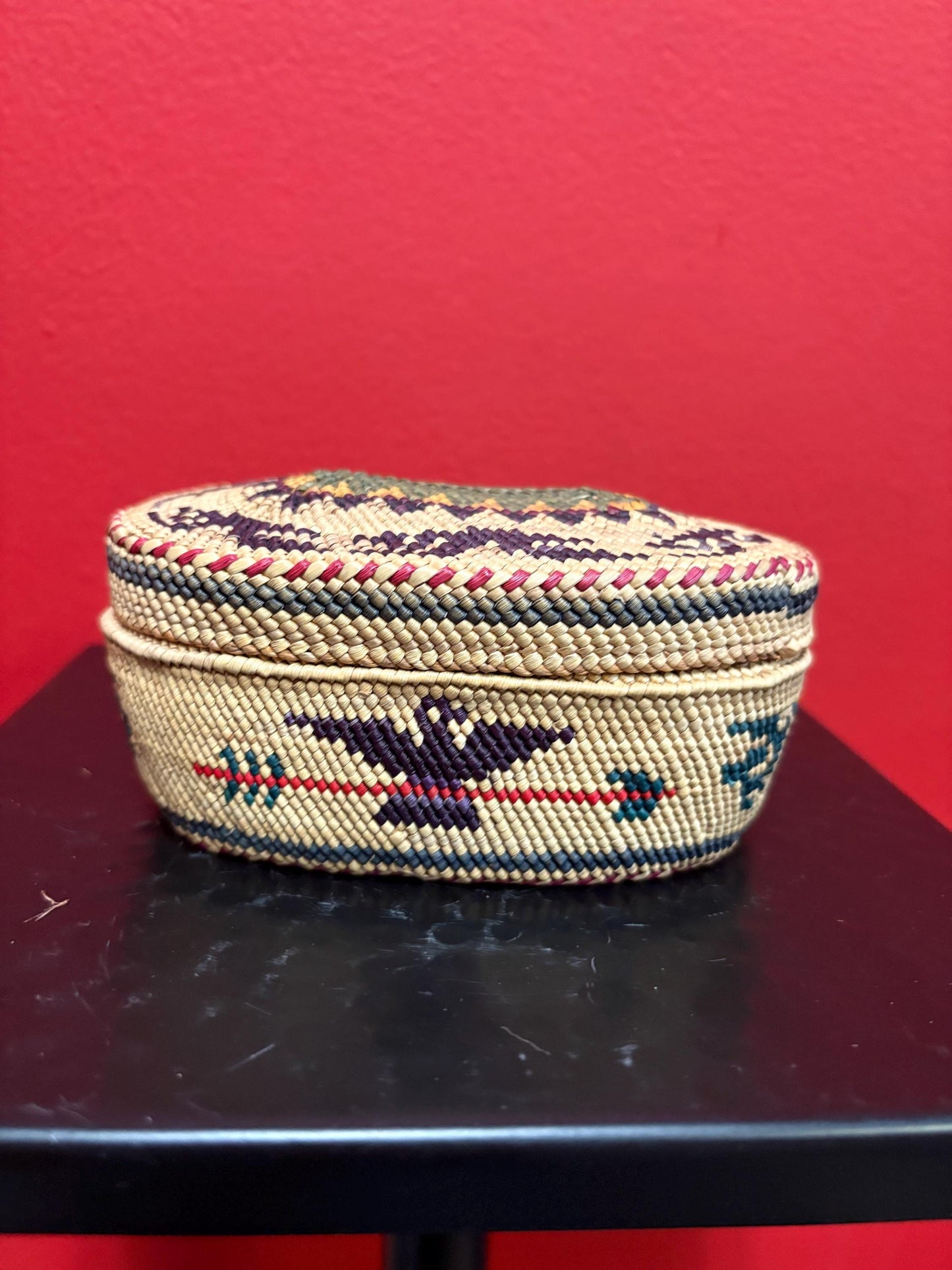Fabulous 5 1/2 x 3 1/2 x 2 high indigenous first nations coast Salish lidded basket  pristine condition  wow