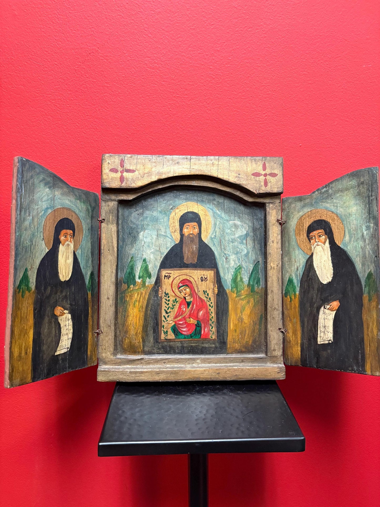 Fabulous antique 18th century 17 x 11 inch high folk art style Russian icon  very unusual design and wonderful imagery