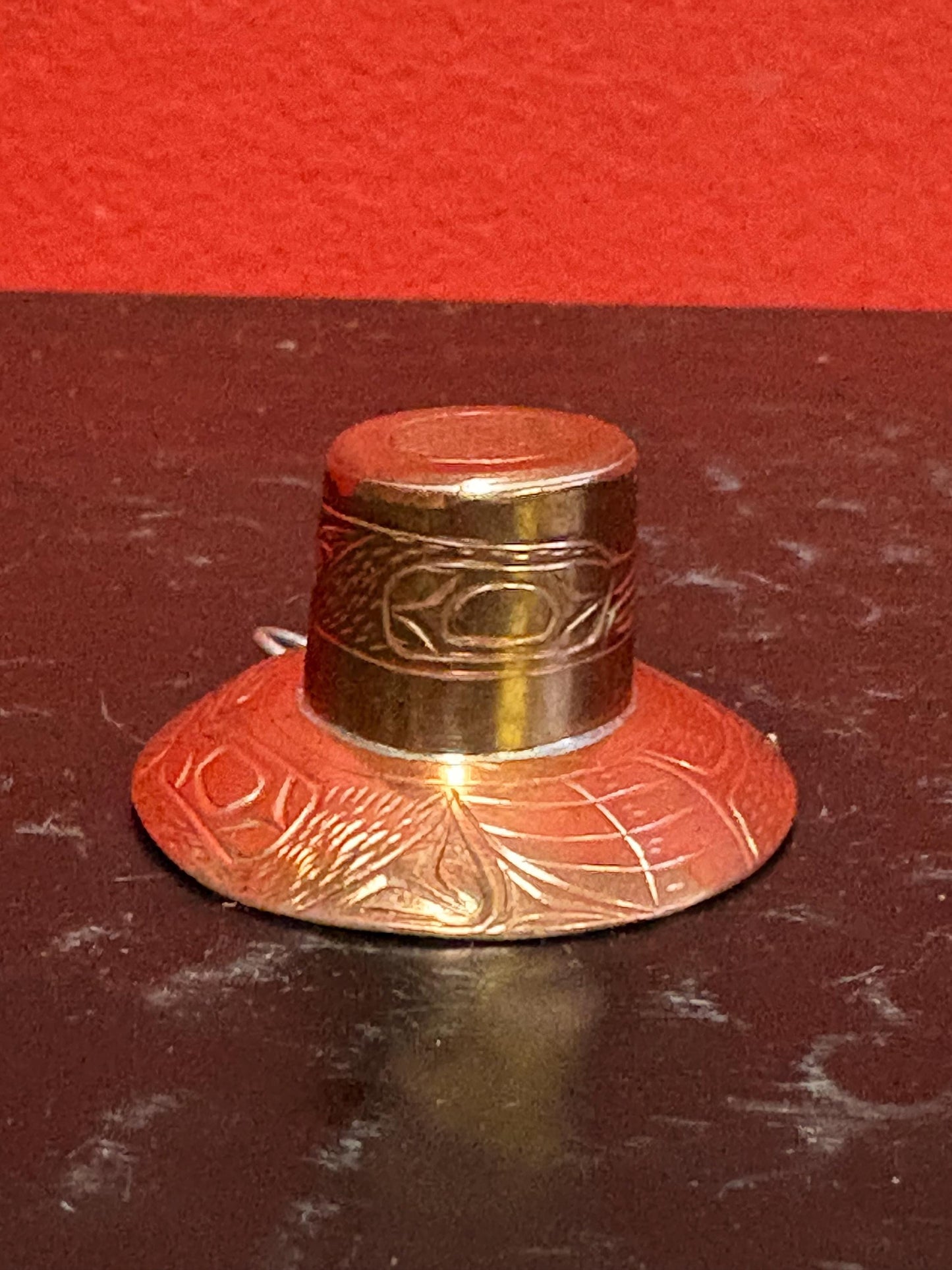 Beautiful Unusual indigenous first nations, pacific West Coast signed copper pendant in shape of a hat  1.5 inch wide by 1 inch high - wow