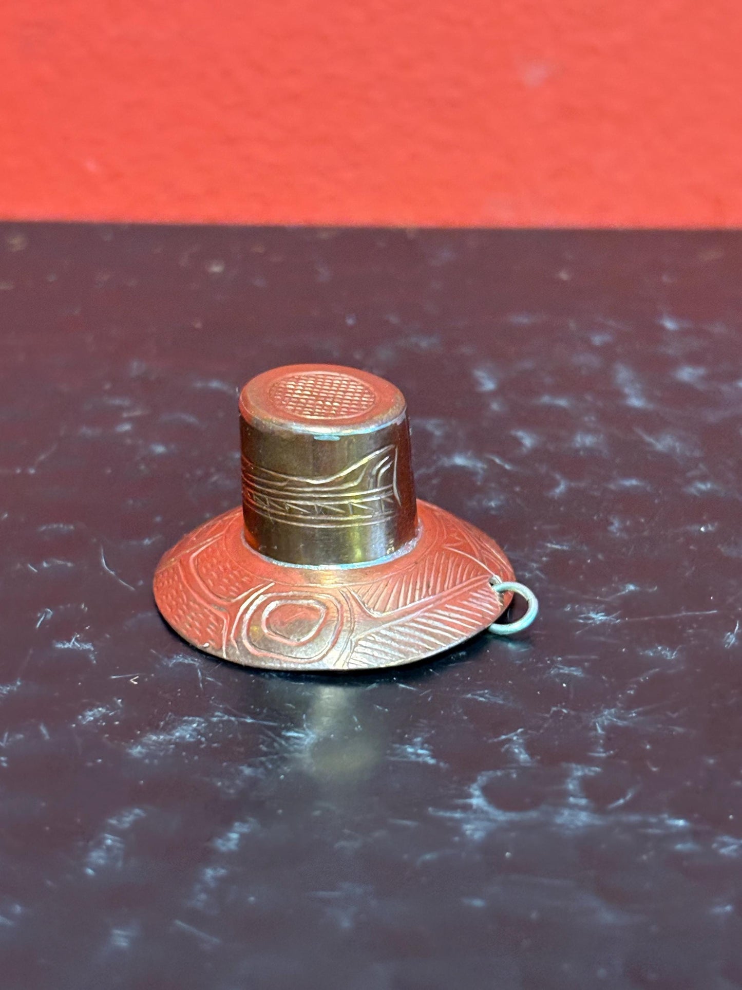 Beautiful Unusual indigenous first nations, pacific West Coast signed copper pendant in shape of a hat  1.5 inch wide by 1 inch high - wow