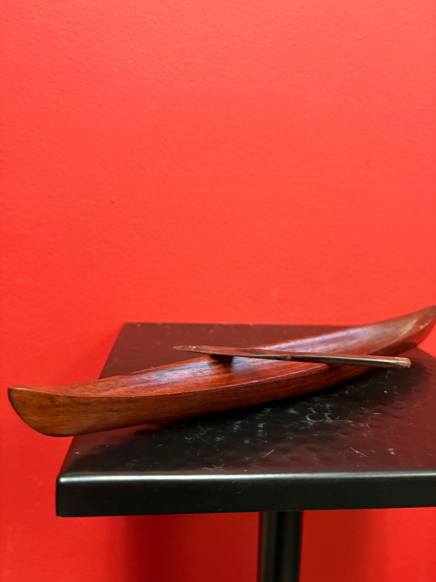 Lovely 10 inch  indigenous wooden model  canoe  simple and elegant with one paddle