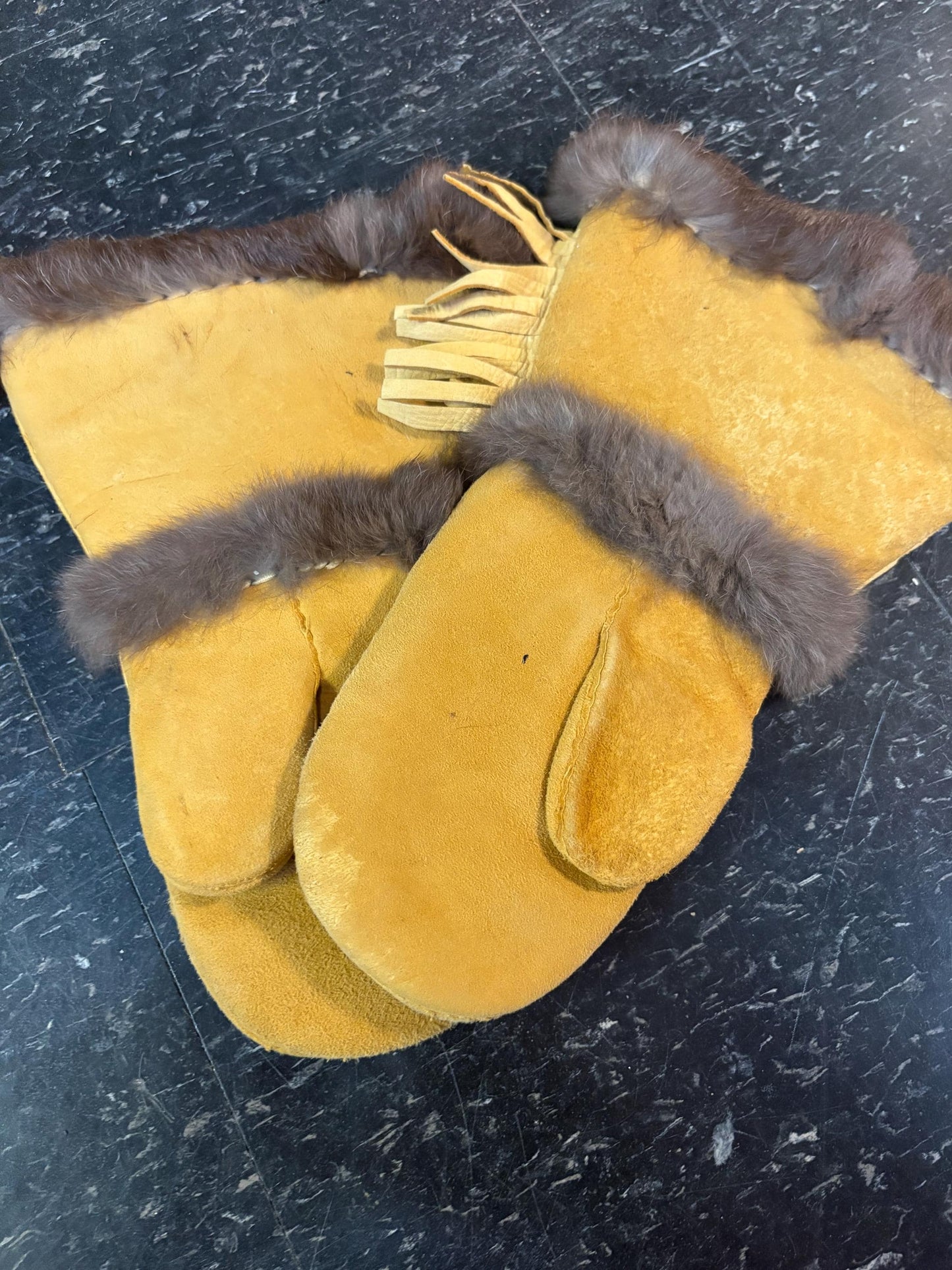 Beautiful old 13 inch long, beaded leather and fur indigenous First Nations  pacific north West Coast gloves  amazing condition