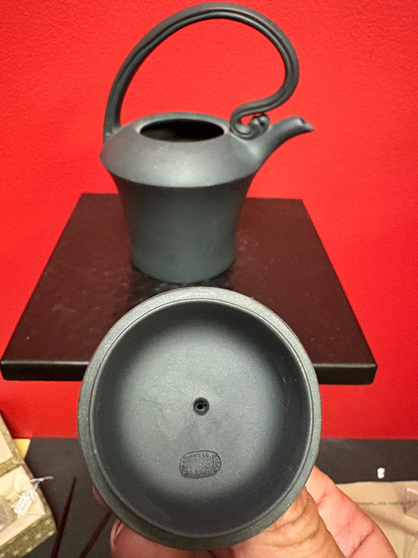 Beautiful  Chinese 6 inch high green yixing clay teapot in the shape of a watering can  good  condition - tiny chip  - and great value