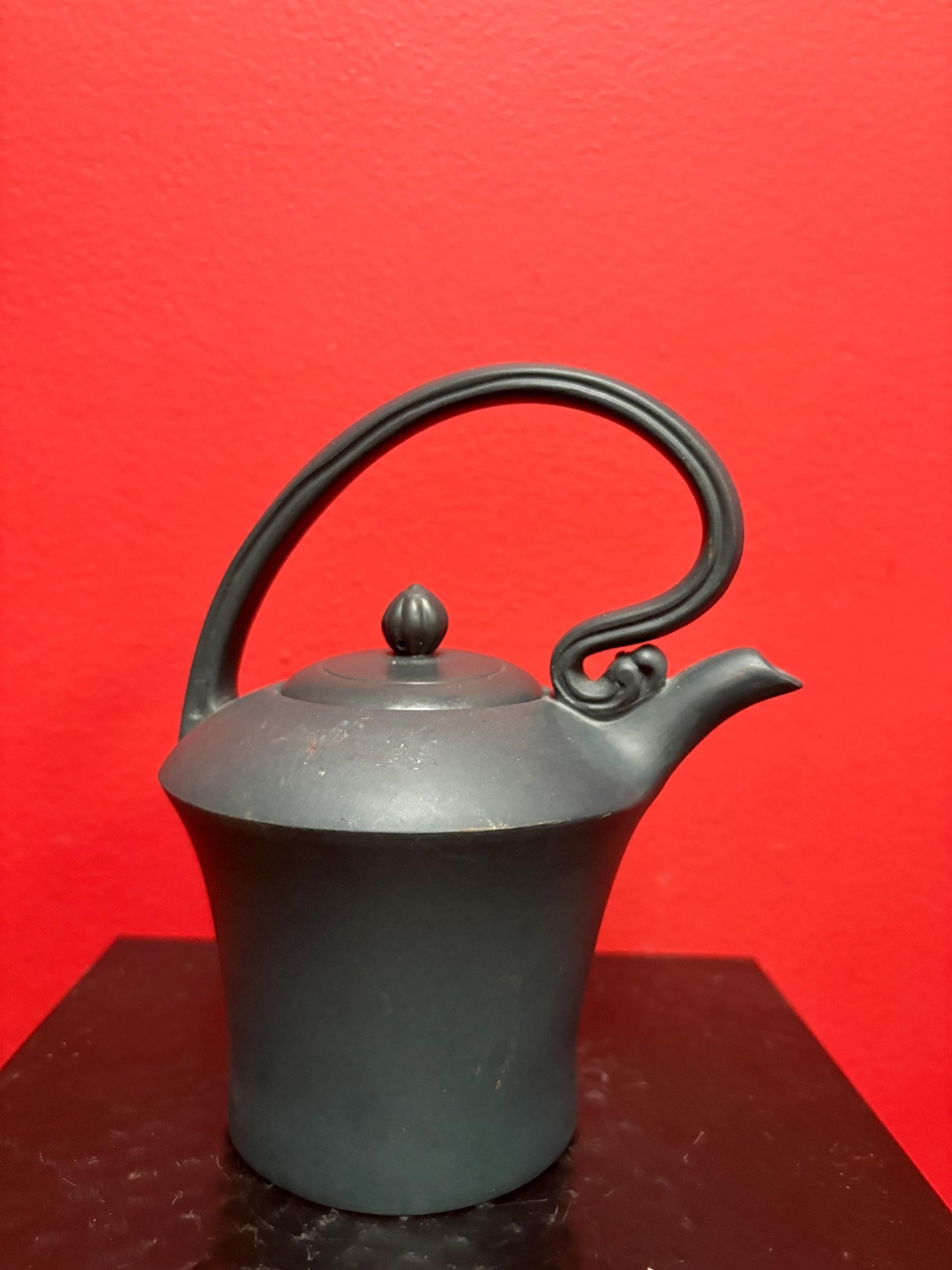 Beautiful  Chinese 6 inch high green yixing clay teapot in the shape of a watering can  good  condition - tiny chip  - and great value