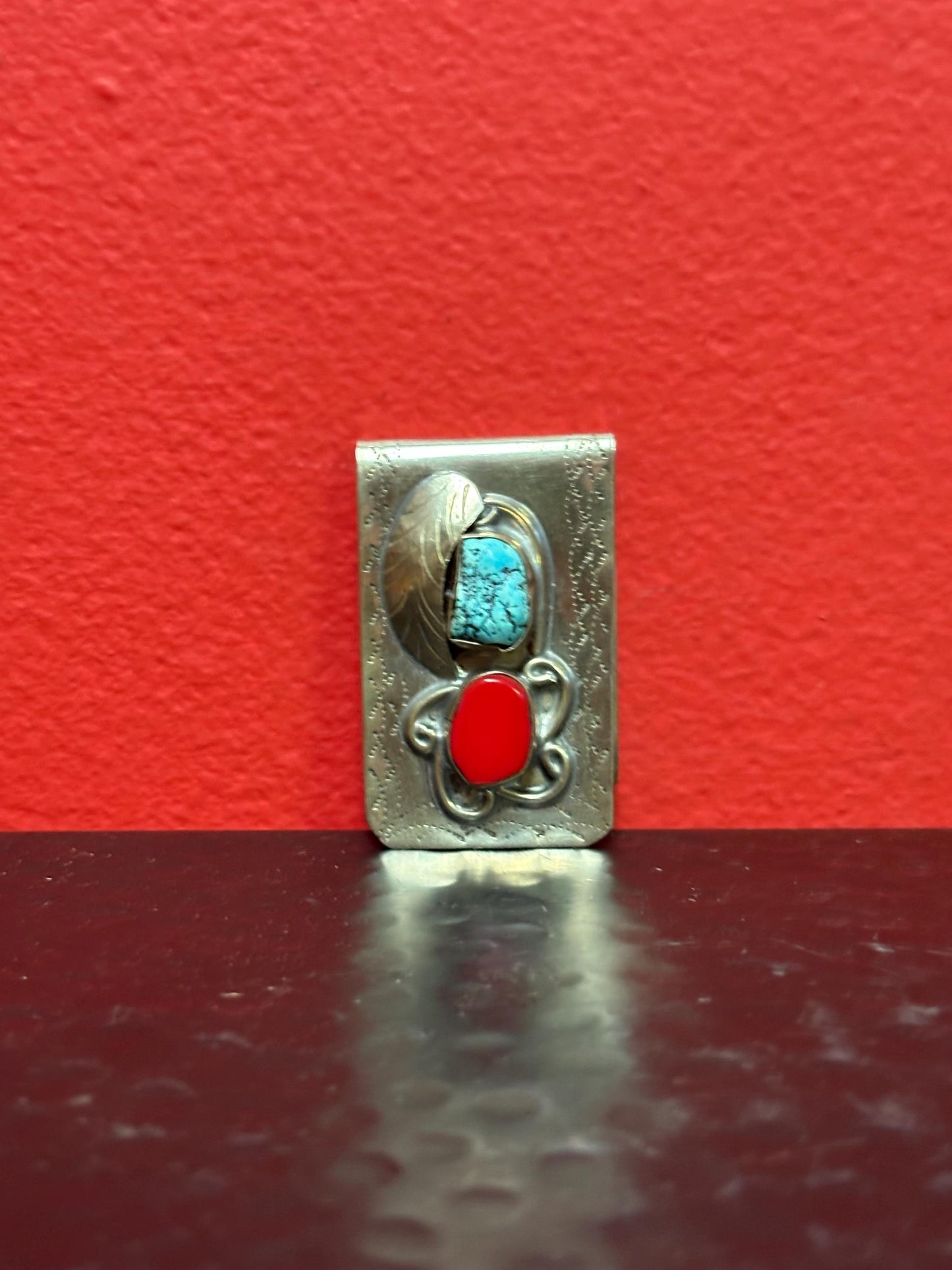 Stunning old Navajo Sterling turquoise and coral authentic money clip  2 inches