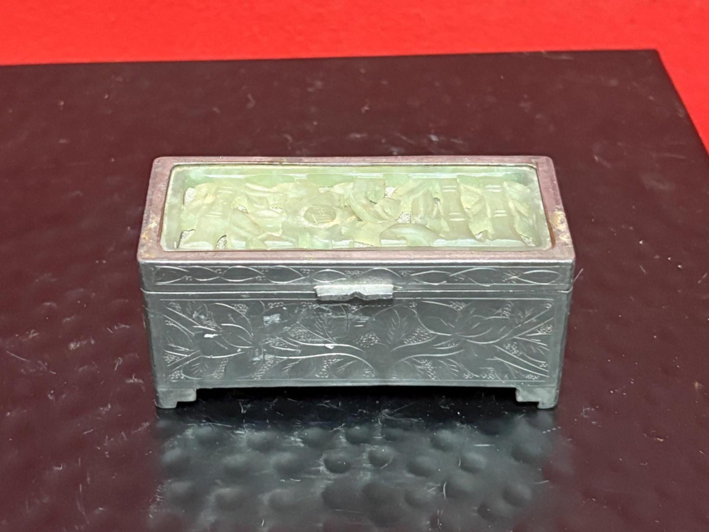 Beautiful old Chinese Jade and pewter stamp box  3 by 1.5 x 1.5 high  lovely condition and great price perfect gift wow