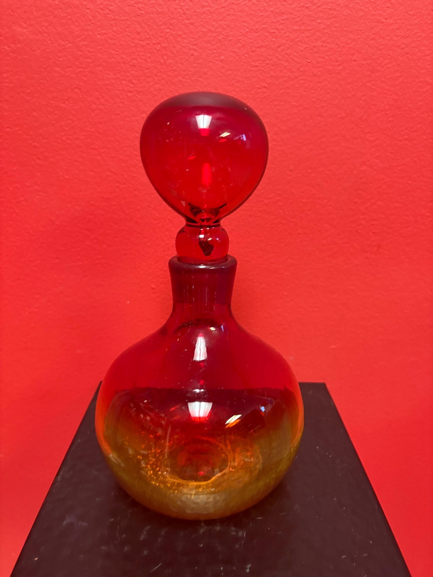 Beautiful vintage 9 inch tall blenko glass decanter  red amber colours  mint condition