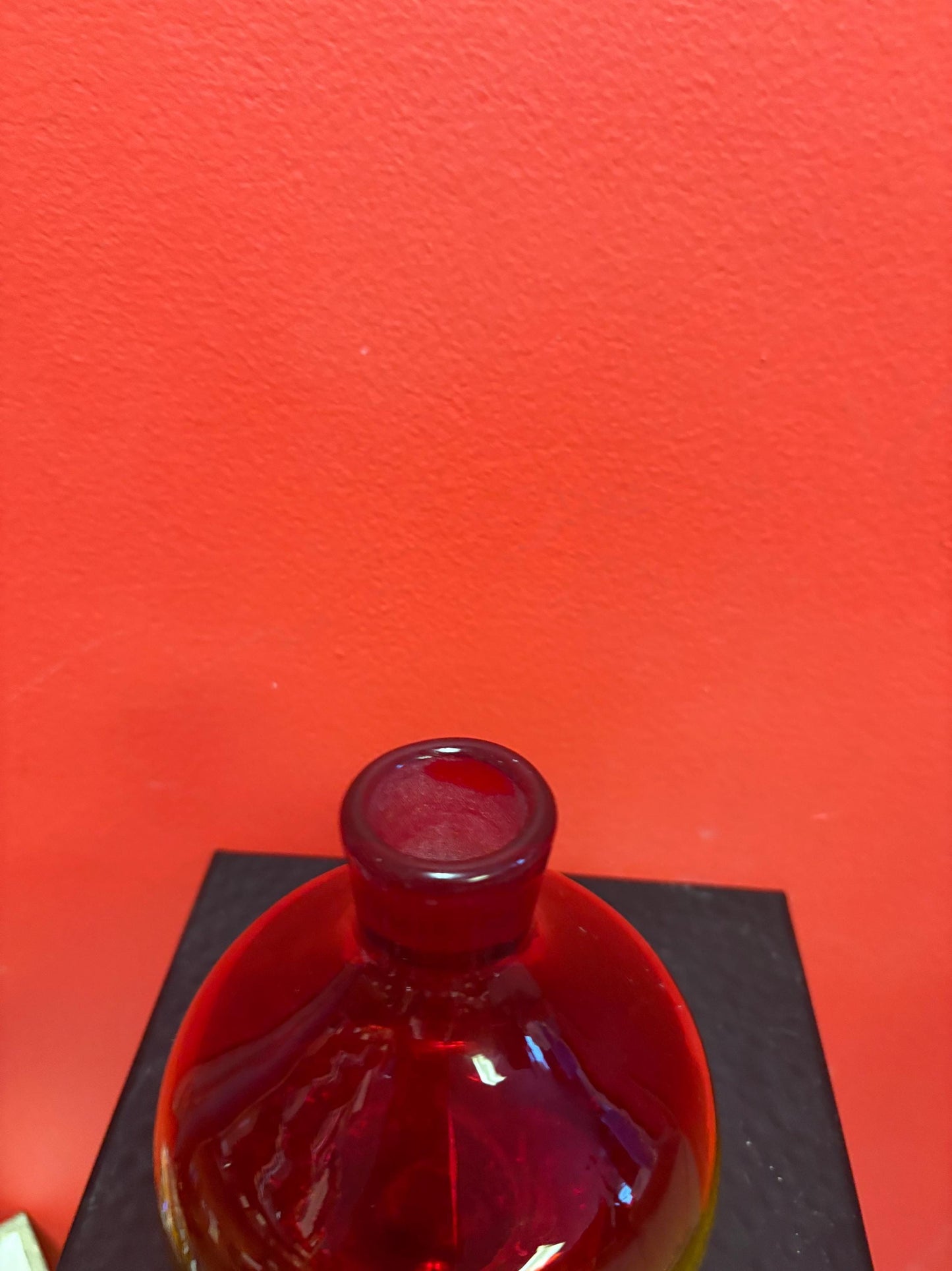 Beautiful vintage 9 inch tall blenko glass decanter  red amber colours  mint condition