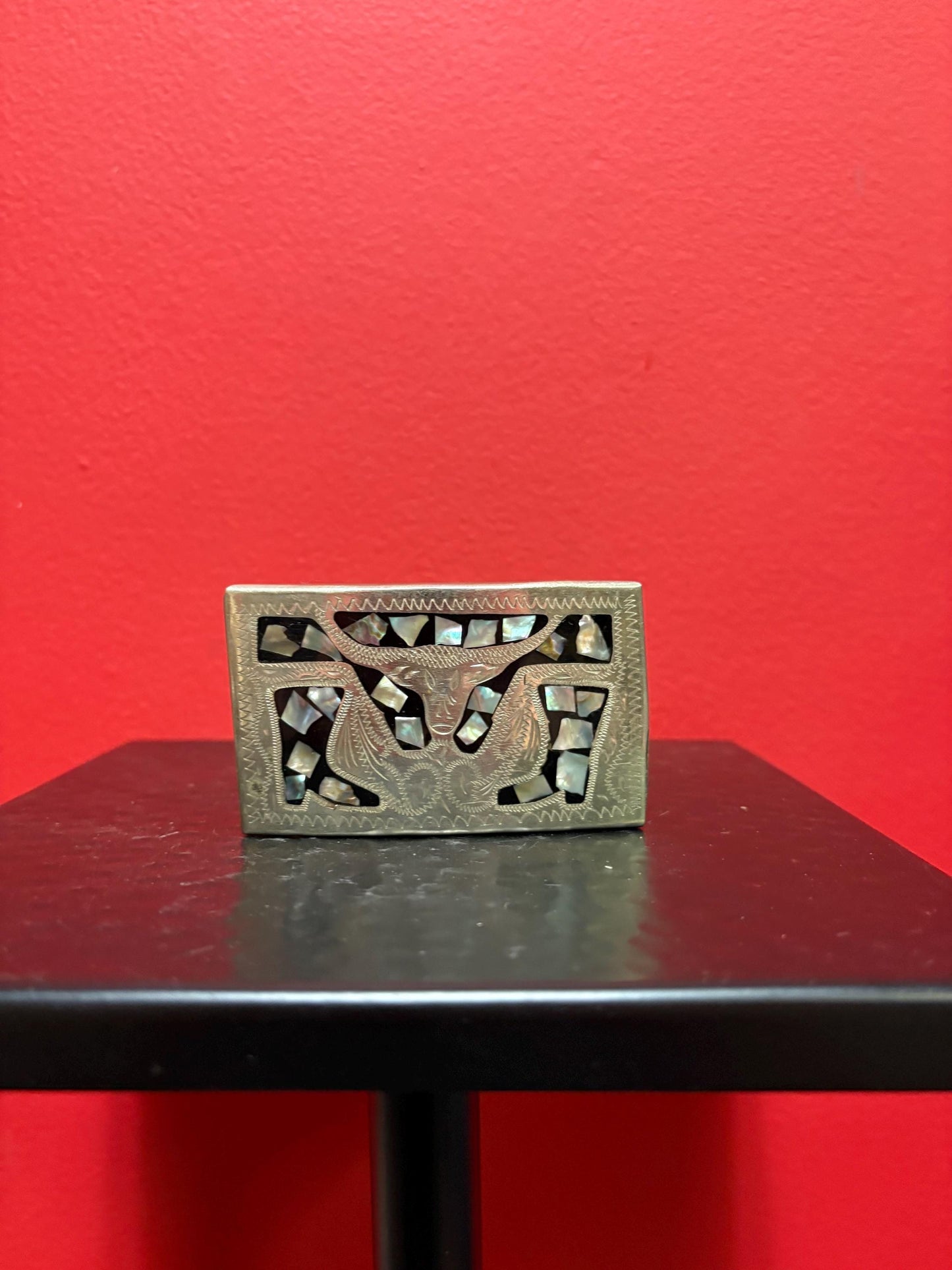 Beautiful Mexican silver plate and Abalone  bull belt buckle   unique  great gift