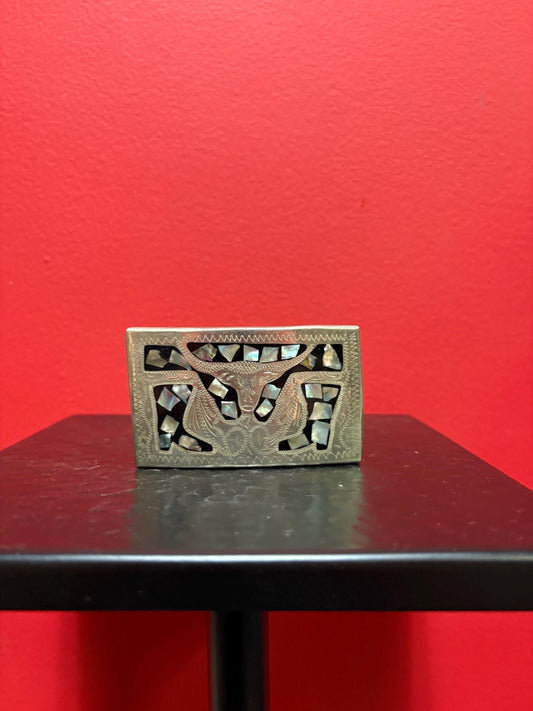 Beautiful Mexican silver plate and Abalone  bull belt buckle   unique  great gift