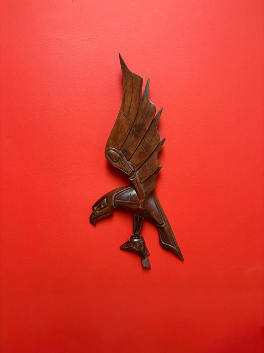 Beautiful indigenous first nation Pacific Northwest Coast 21 x 8 Mel Good eagle and salmon plaque with a couple chips  good value