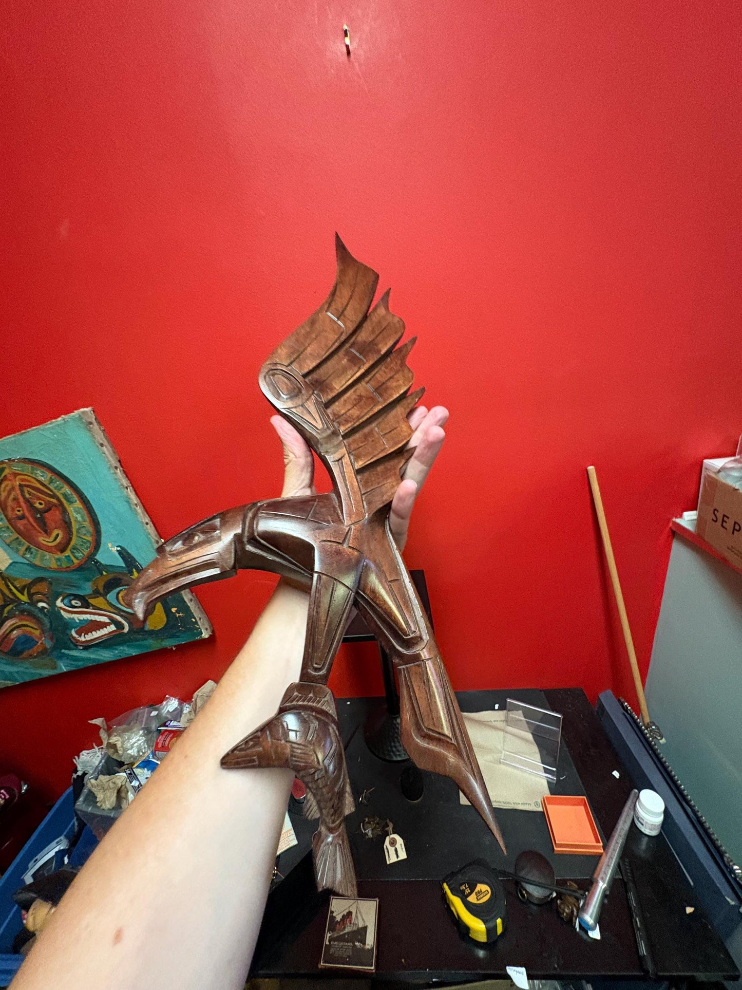 Beautiful indigenous first nation Pacific Northwest Coast 21 x 8 Mel Good eagle and salmon plaque with a couple chips  good value