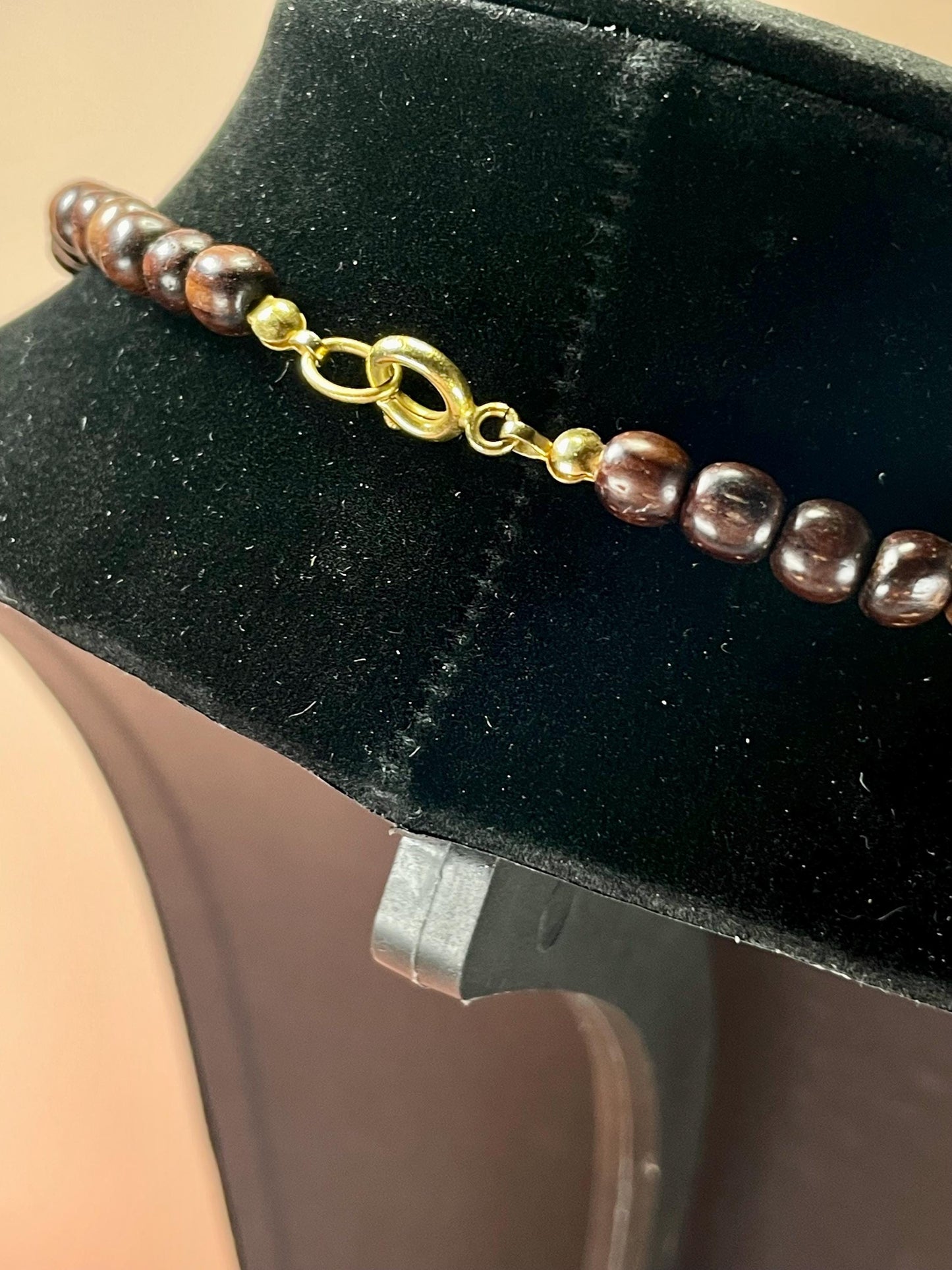 Lovely 20 inch long wood Beaded necklace with 1 inch pendant