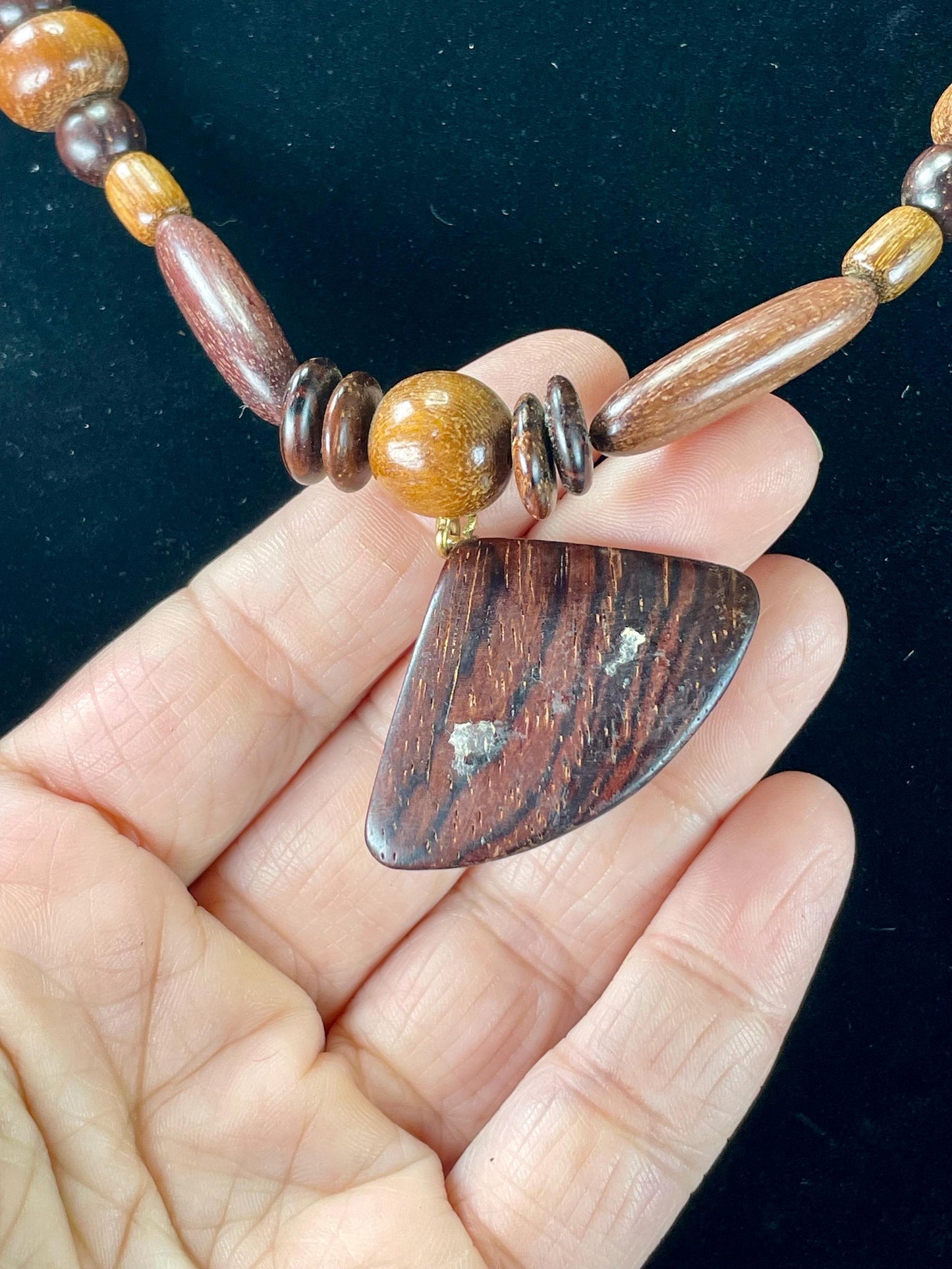 Lovely 20 inch long wood Beaded necklace with 1 inch pendant