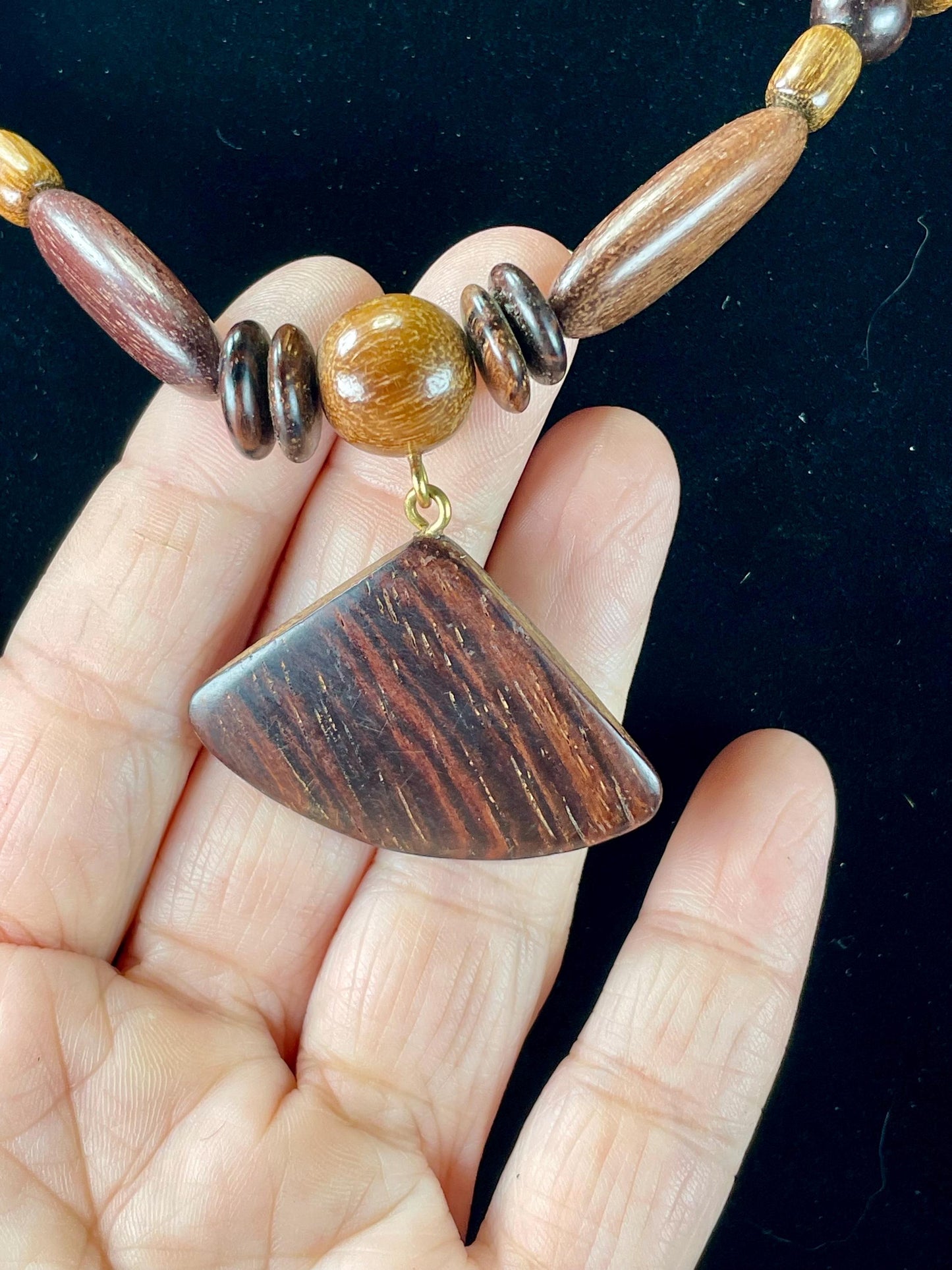 Lovely 20 inch long wood Beaded necklace with 1 inch pendant