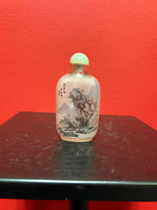 Lovely signed reverse painted Chinese  snuff bottle with Jade top  3.5 inches tall  great value - B