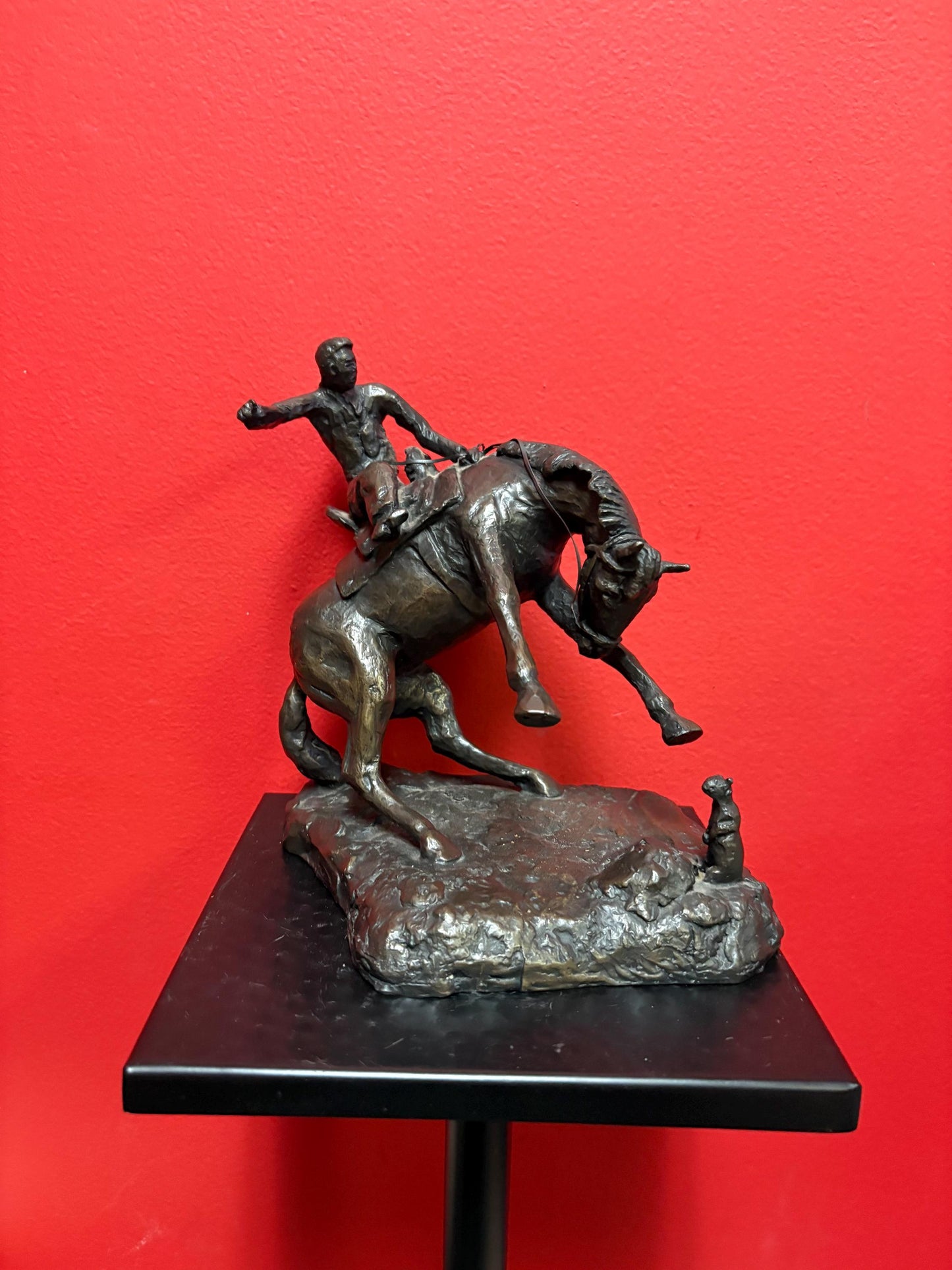 Stunning 8 inch tall bronze Horse and rider   wonderful patina  great imagery antique  late 19 century  wow