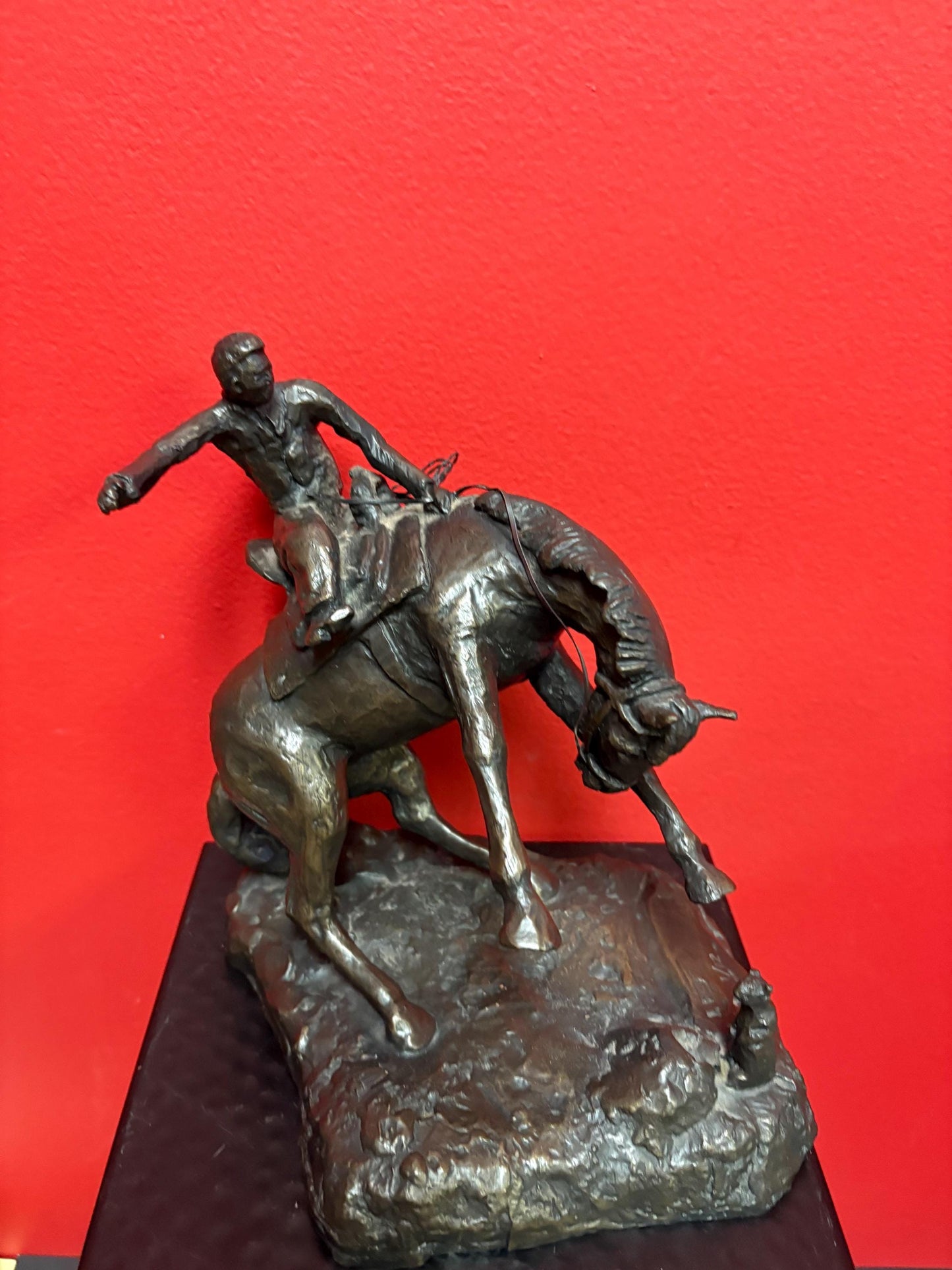 Stunning 8 inch tall bronze Horse and rider   wonderful patina  great imagery antique  late 19 century  wow