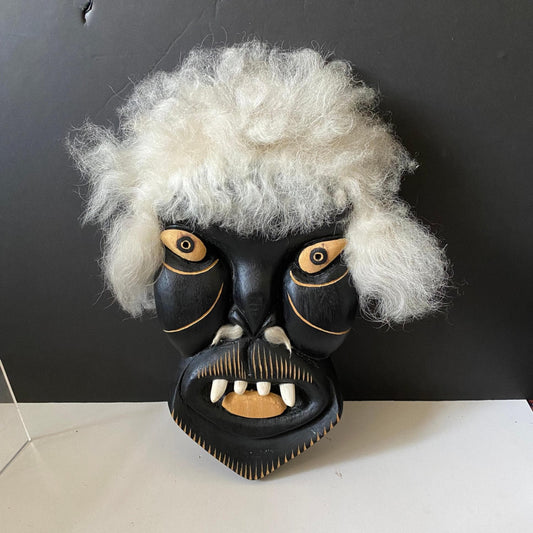 A  12 x 7 by 2 Fabulous indigenous Greenland carved wooden mask with real fur  Exceptional one-of-a-kind piece  signed with info on back