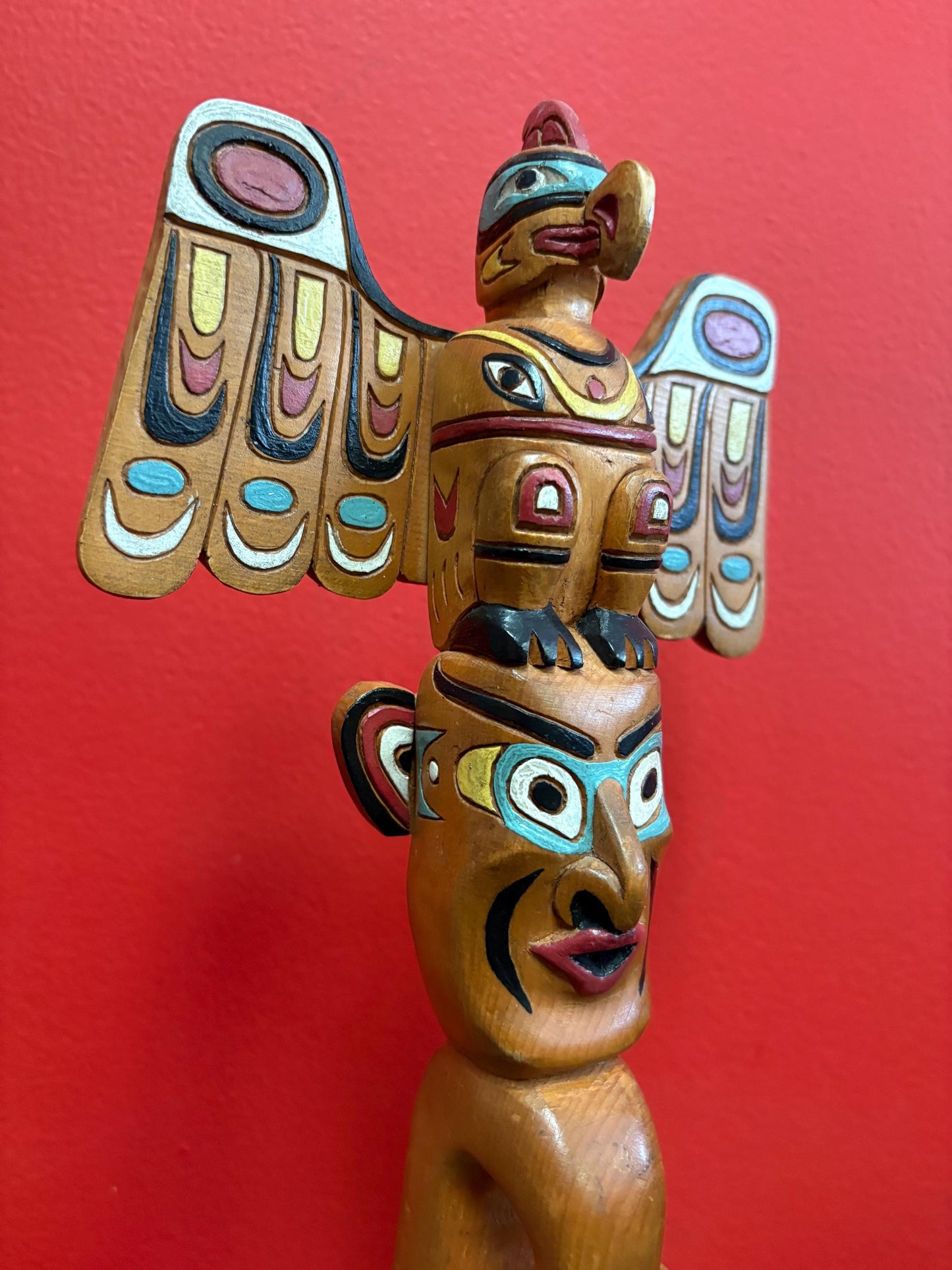 Beautiful indigenous first nation Pacific Northwest Coast antique 14 x 6 polychrome painted cedar totem pole  wonderful imagery