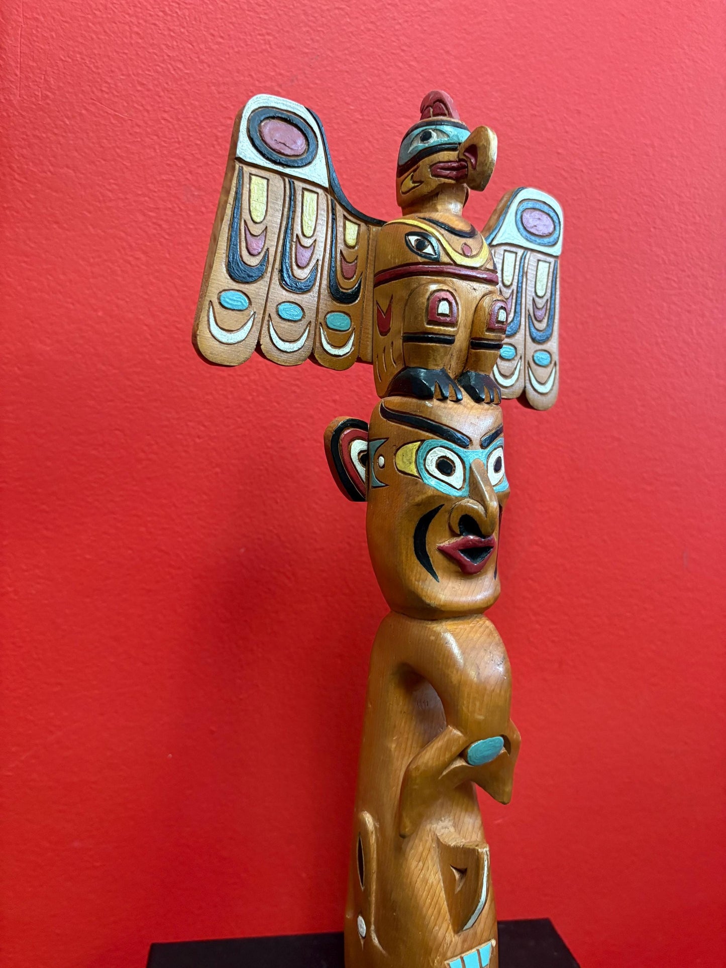 Beautiful indigenous first nation Pacific Northwest Coast antique 14 x 6 polychrome painted cedar totem pole  wonderful imagery