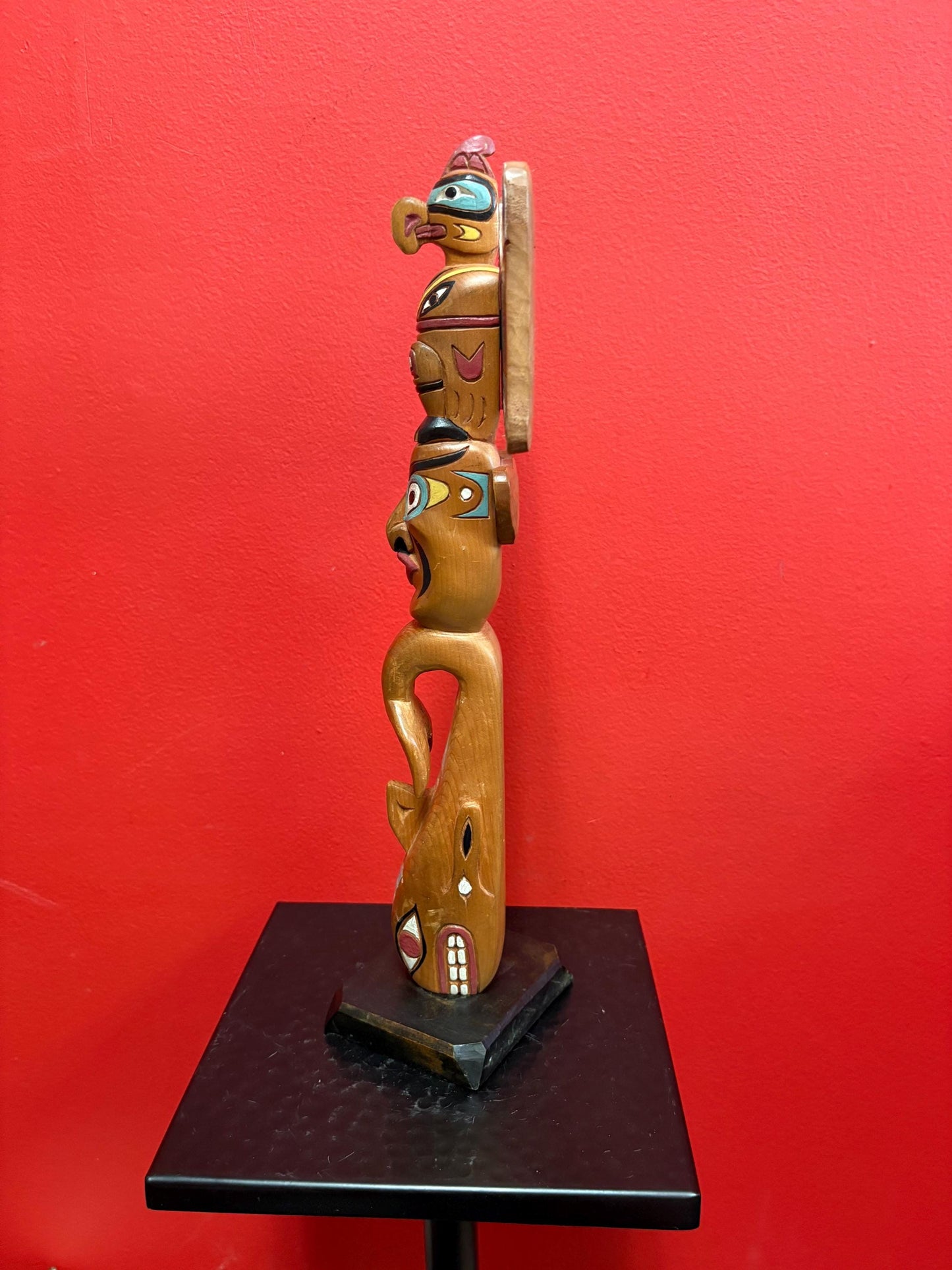Beautiful indigenous first nation Pacific Northwest Coast antique 14 x 6 polychrome painted cedar totem pole  wonderful imagery