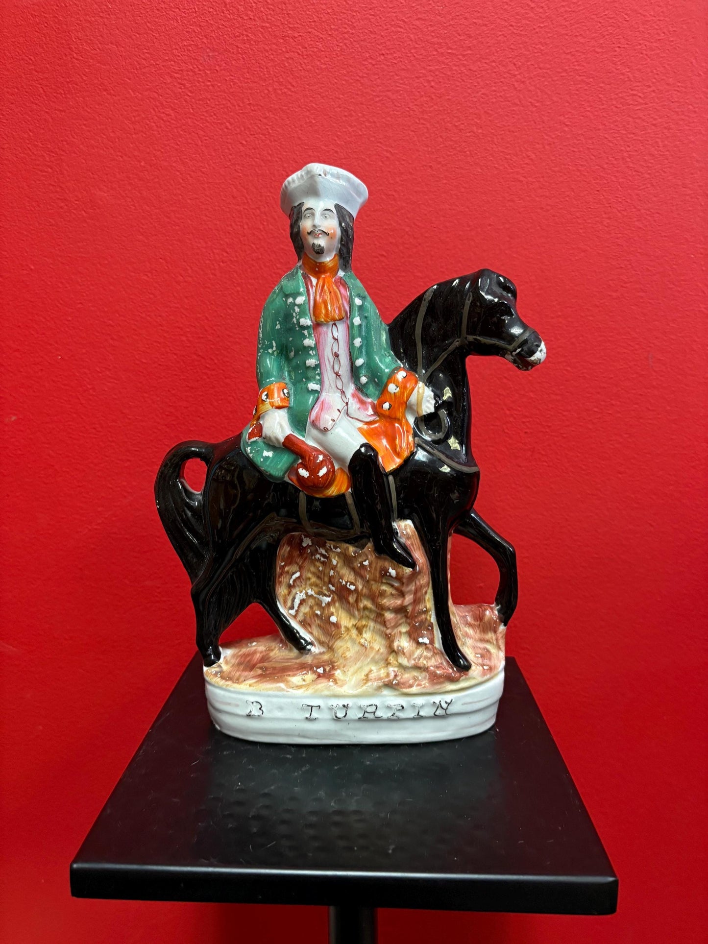 Lovely antique Staffordshire statue of a horse and Rider   10 inches tall  pretty good condition. See photos.