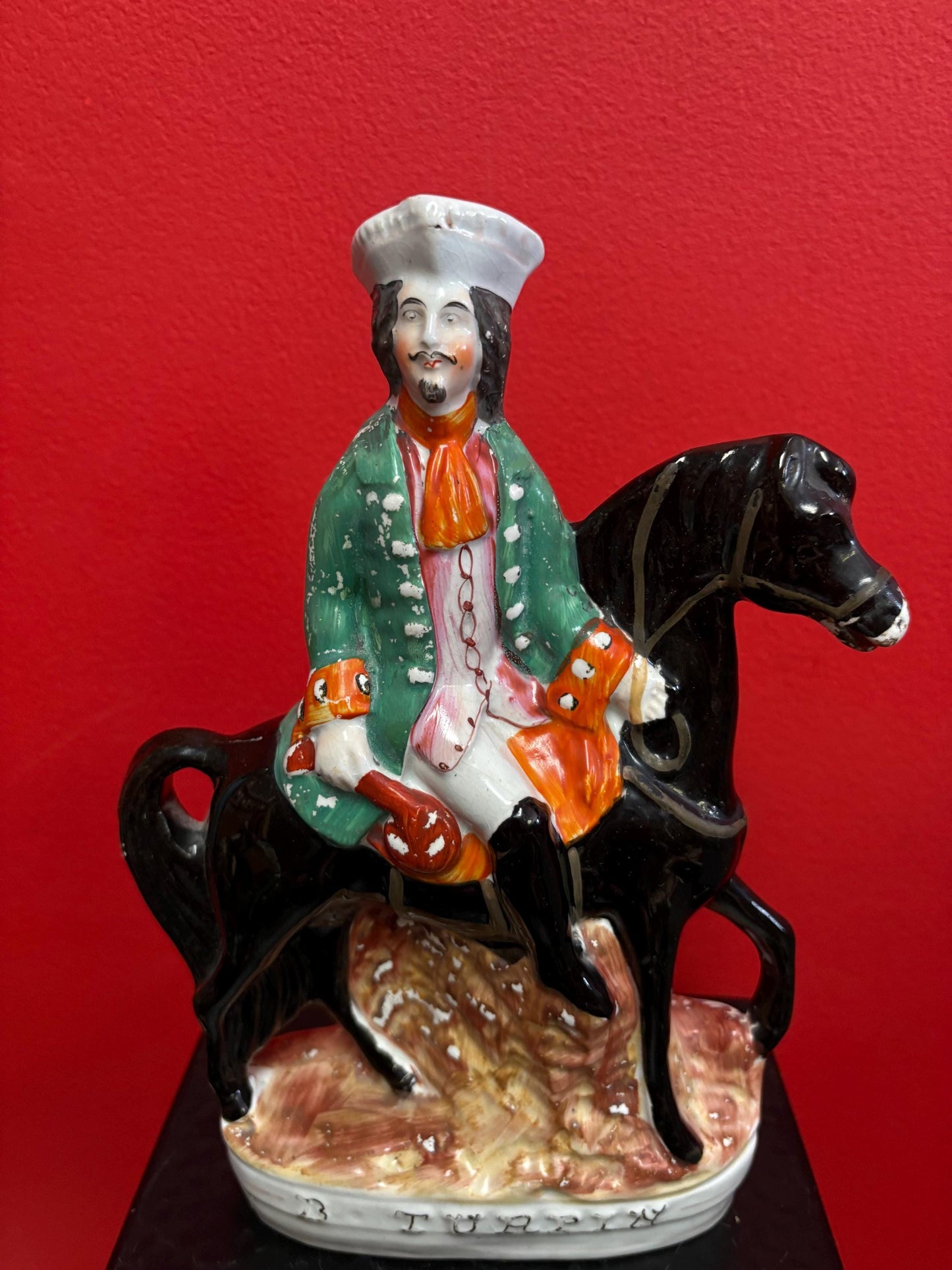 Lovely antique Staffordshire statue of a horse and Rider   10 inches tall  pretty good condition. See photos.