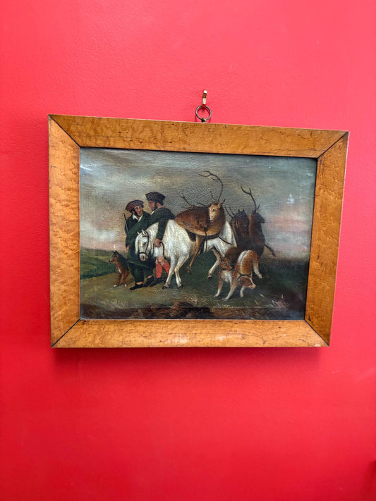 Stunning early 19 century Scottish oil painting on canvas in birds-eye maple frame  exquisite detail and imagery- 18 x 14  RS