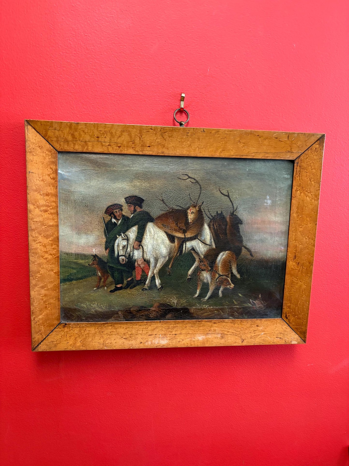 Stunning early 19 century Scottish oil painting on canvas in birds-eye maple frame  exquisite detail and imagery- 18 x 14  RS