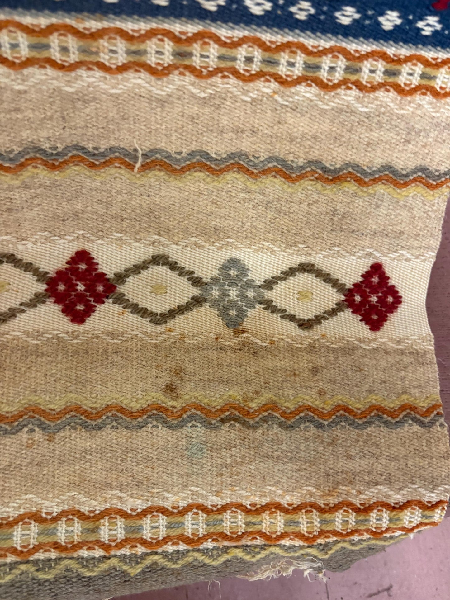 Beautiful 48 x 19 inch antique wool textile  middle or South American  minor issues see photos  great style and many uses