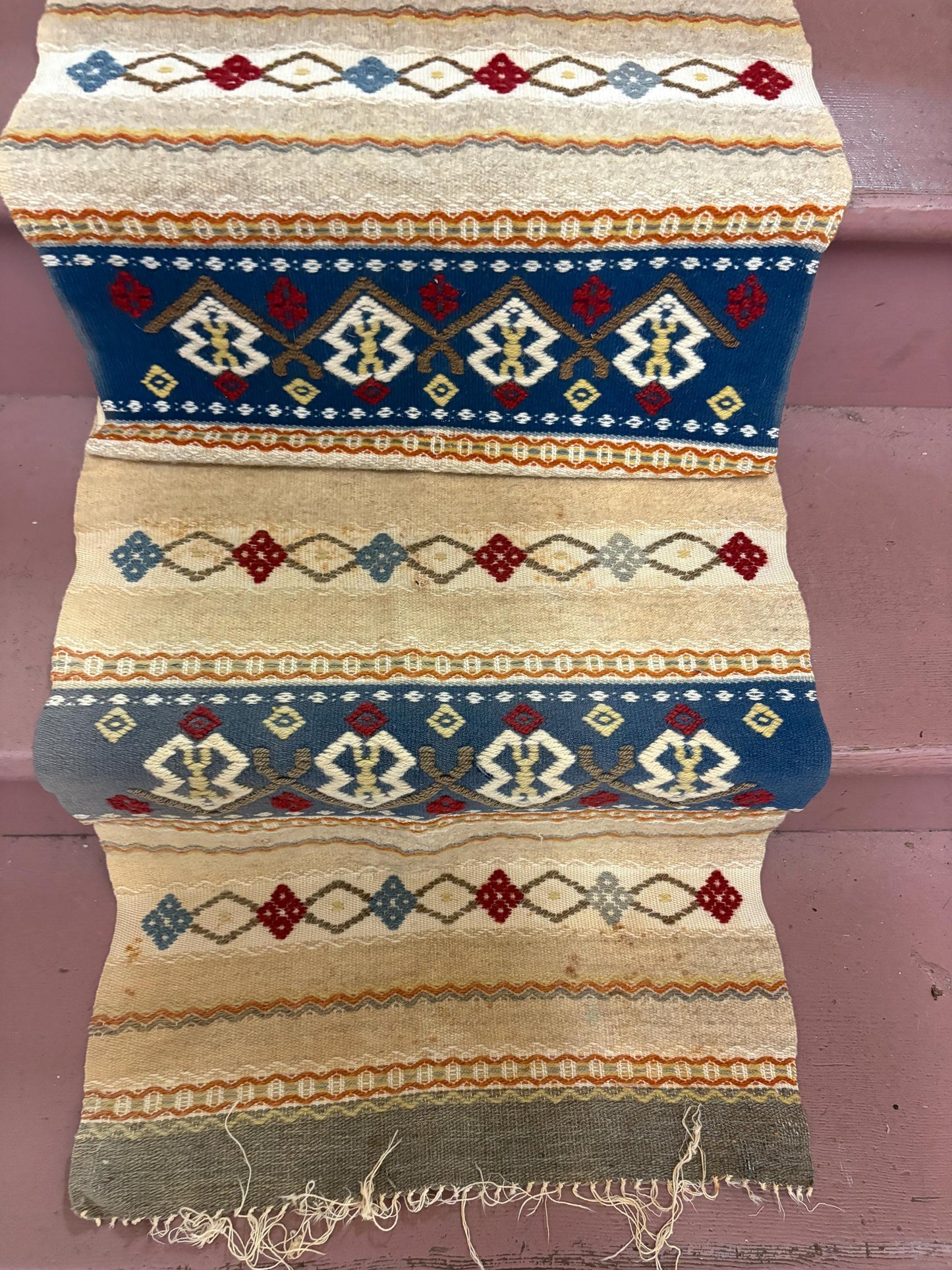 Beautiful 48 x 19 inch antique wool textile  middle or South American  minor issues see photos  great style and many uses