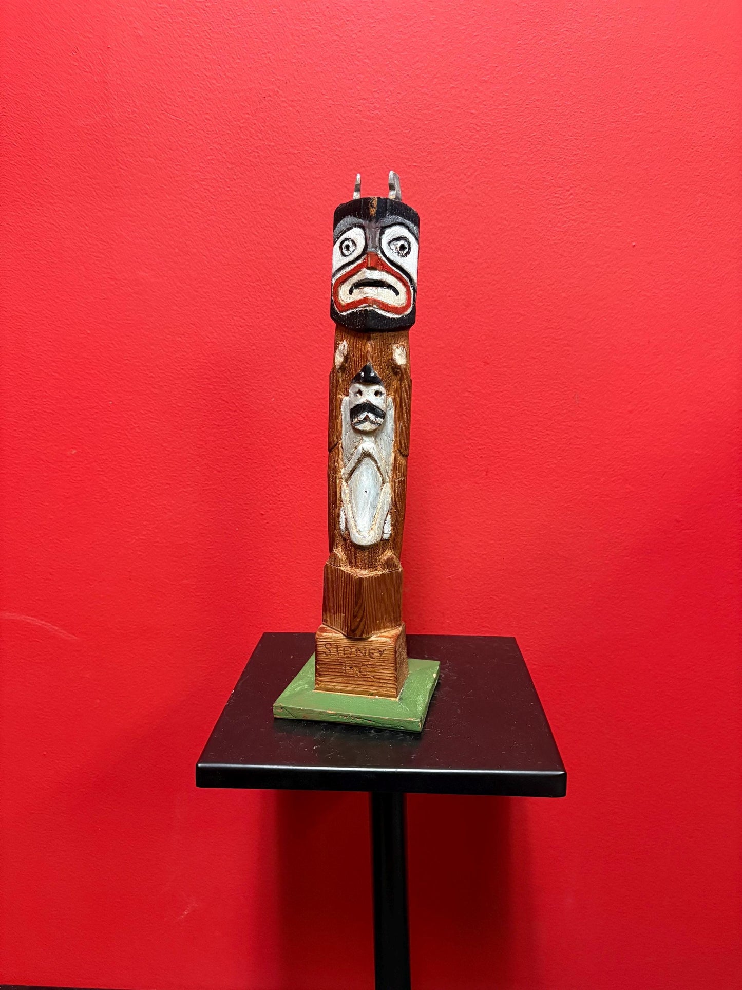 Antique primitive indigenous first nation specific north Northwest coast signed  totem pole in great condition by Larry H - 12 inches tall