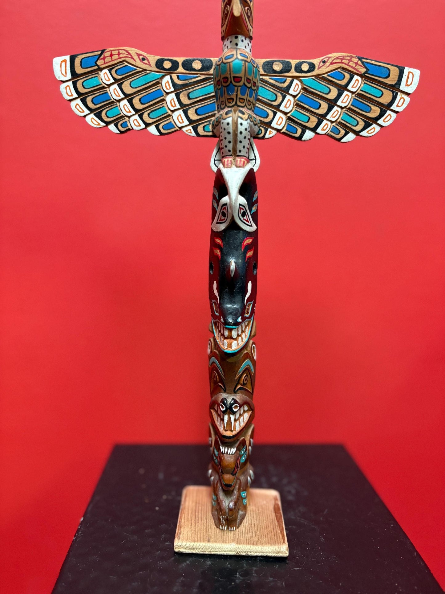 Amazing 12 x 8 indigenous first nation specific north West Coast painted cedar transformation totem pole by Ronnie George - wow - as is nos