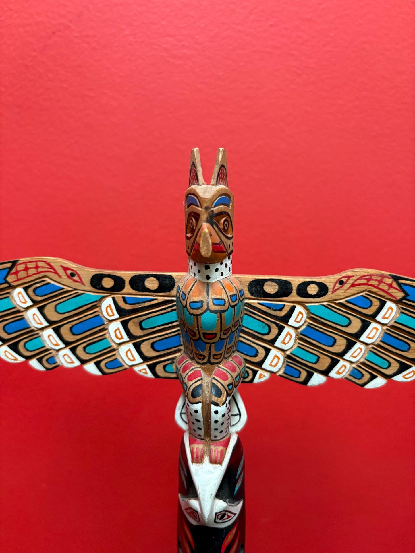 Amazing 12 x 8 indigenous first nation specific north West Coast painted cedar transformation totem pole by Ronnie George - wow - as is nos