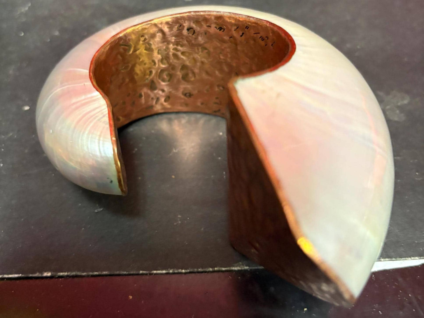Stunning Canadian indigenous copper and abalone bracelet bangle  2 inches inside and 4 inches outside  so unique